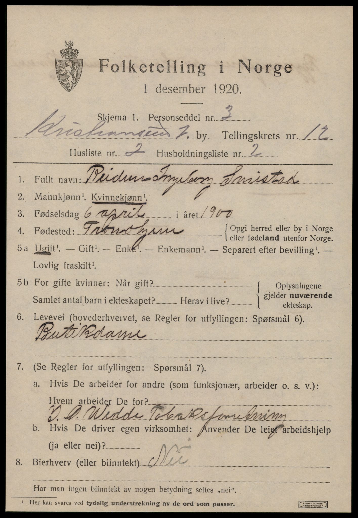 SAT, 1920 census for Kristiansund, 1920, p. 25291