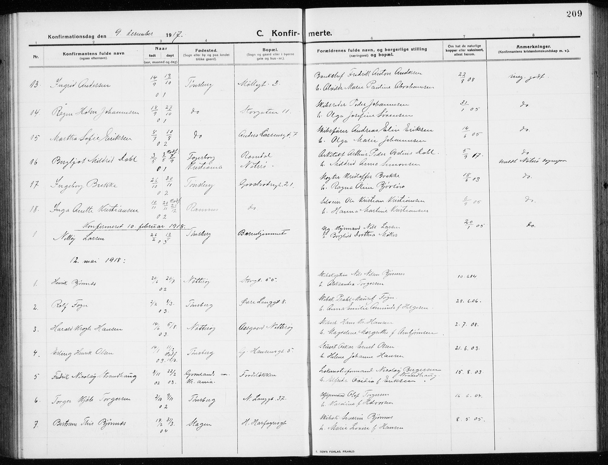 Tønsberg kirkebøker, SAKO/A-330/G/Ga/L0009: Parish register (copy) no. 9, 1913-1920, p. 209