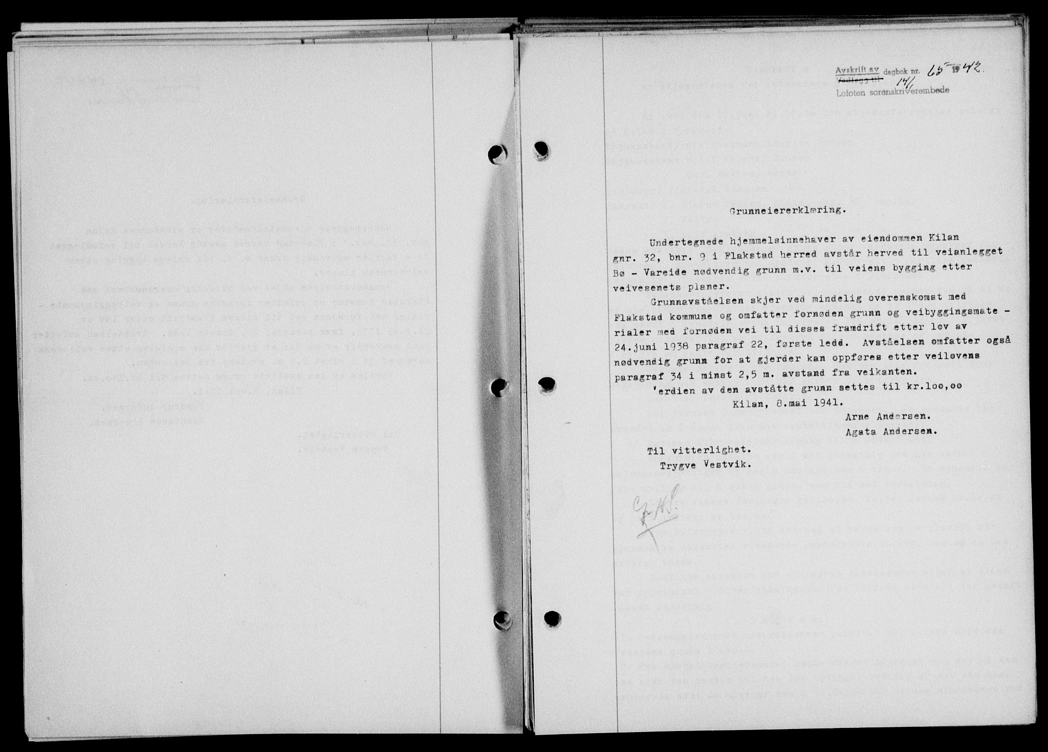 Lofoten sorenskriveri, SAT/A-0017/1/2/2C/L0009a: Mortgage book no. 9a, 1941-1942, Diary no: : 65/1942