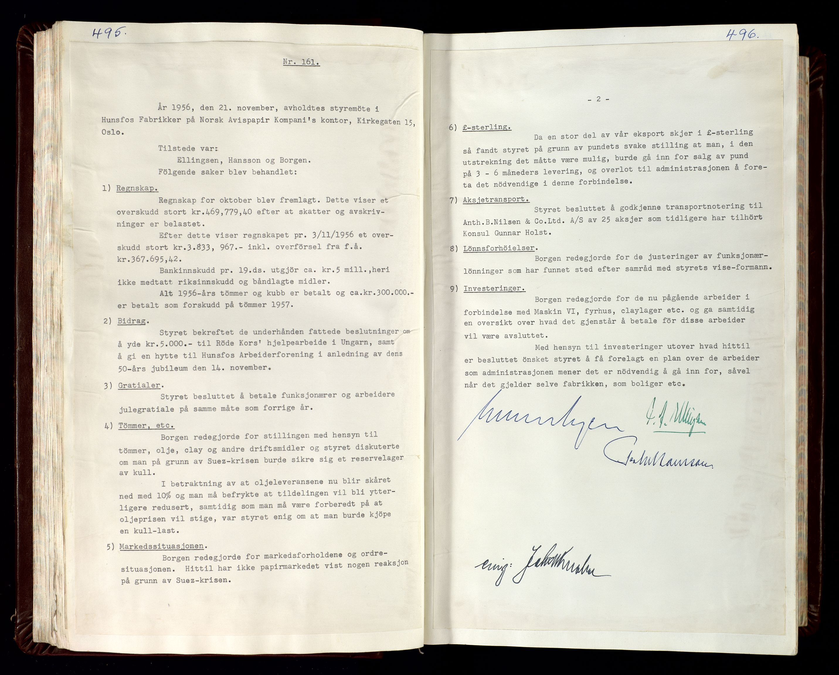 Hunsfos fabrikker, SAK/D/1440/02/L0007: Referatprotokoll fra styremøter (møte nr 114-221), 1951-1964, p. 495-496
