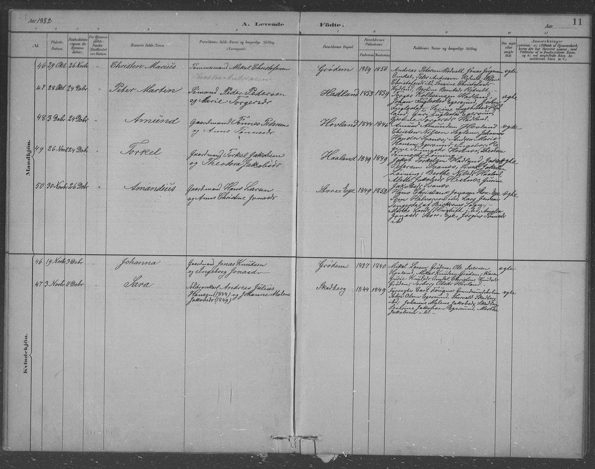 Eigersund sokneprestkontor, SAST/A-101807/S09/L0007: Parish register (copy) no. B 7, 1882-1892, p. 11