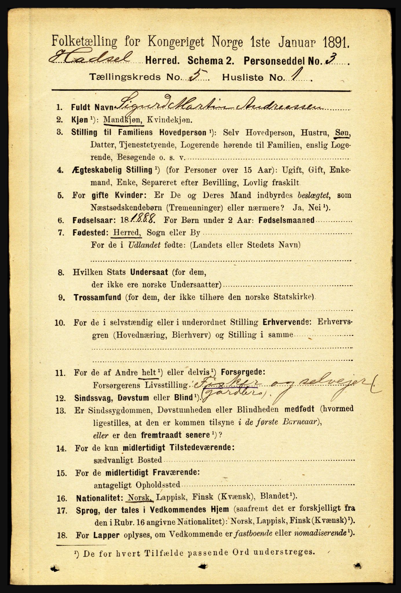 RA, 1891 census for 1866 Hadsel, 1891, p. 2126