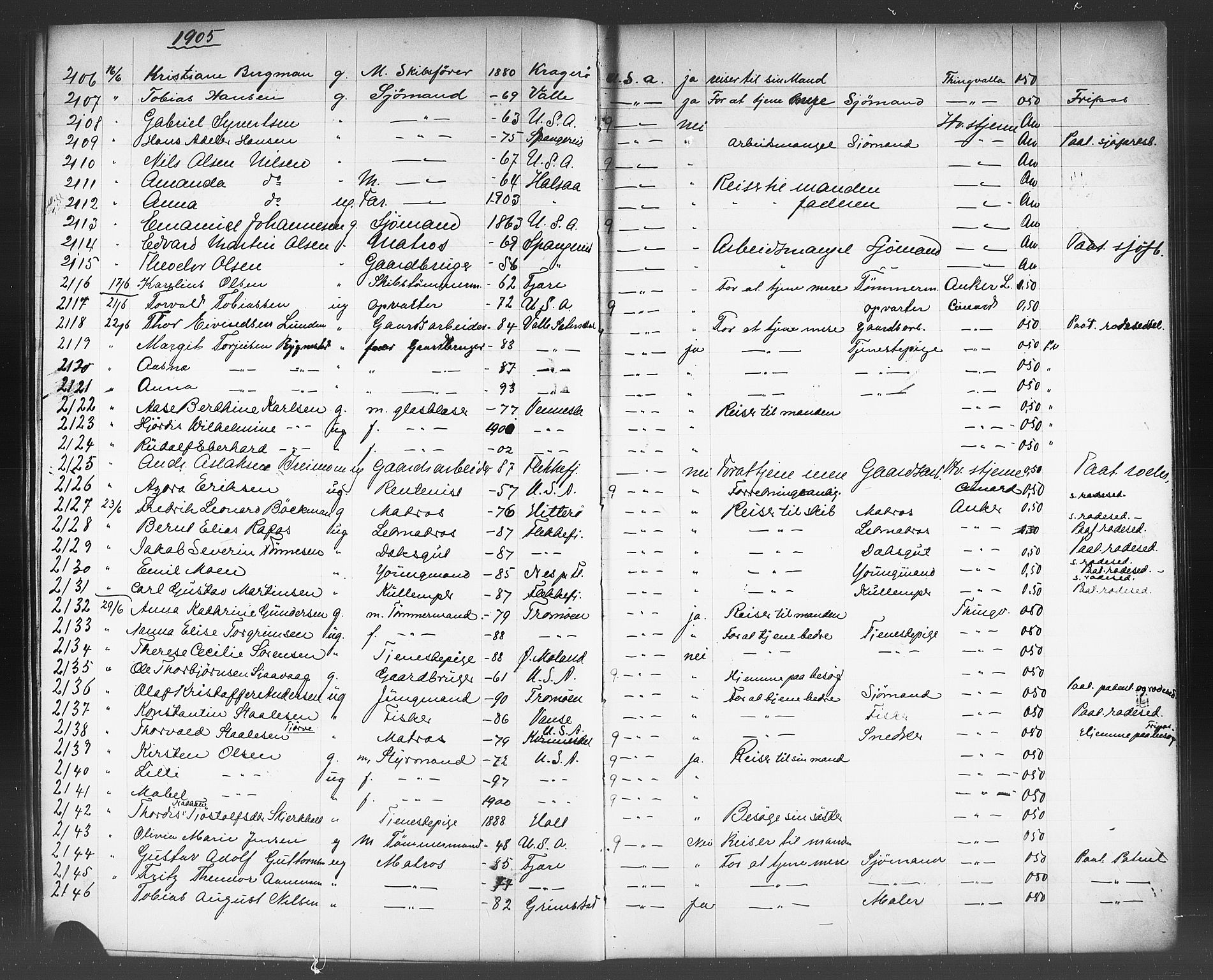 Kristiansand politikammer, AV/SAK-1243-0004/K/Kb/L0244: Emigrantprotokoll, 1905-1908, p. 35