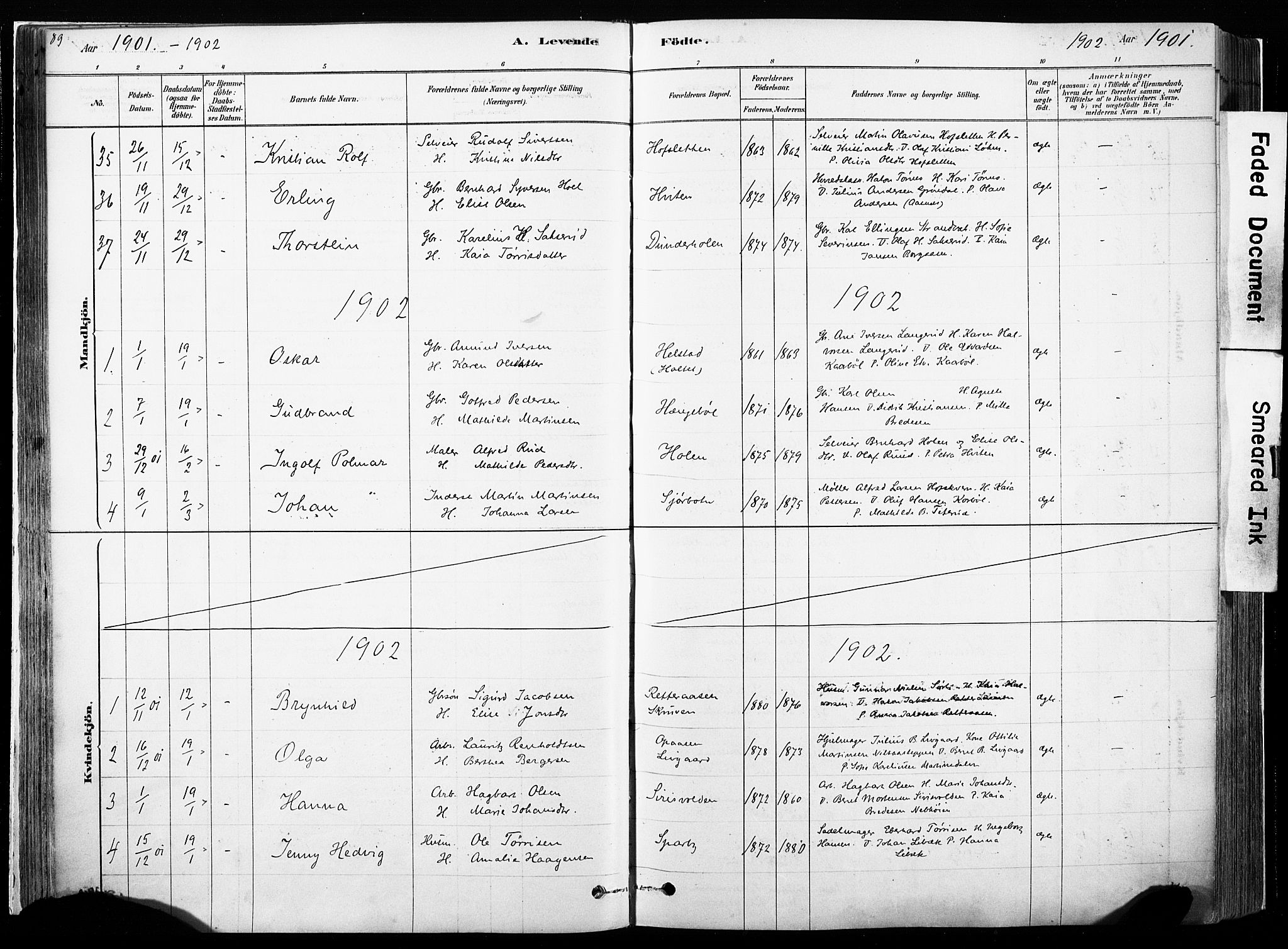 Hof prestekontor, SAH/PREST-038/H/Ha/Haa/L0010: Parish register (official) no. 10, 1878-1909, p. 89