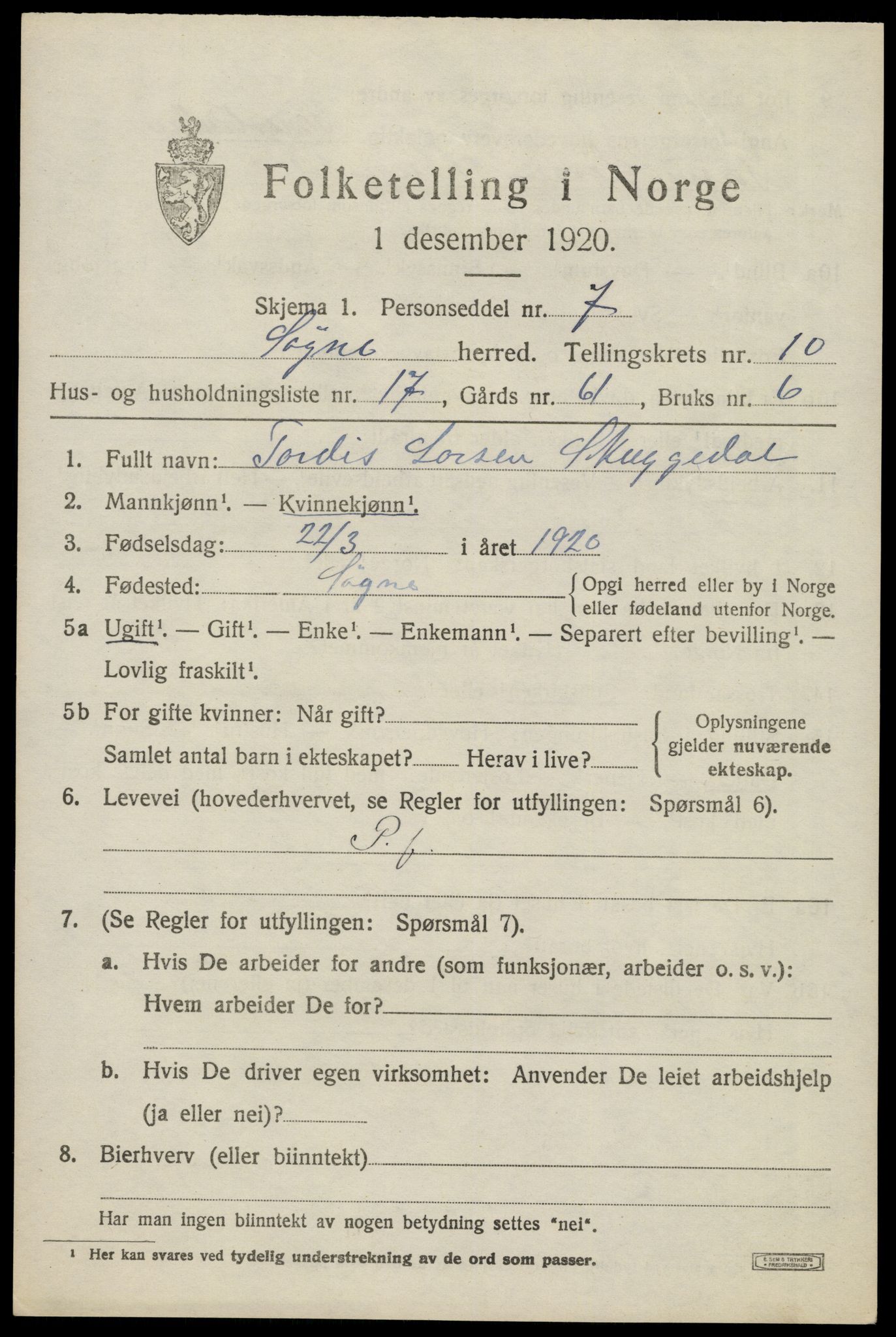 SAK, 1920 census for Søgne, 1920, p. 5595