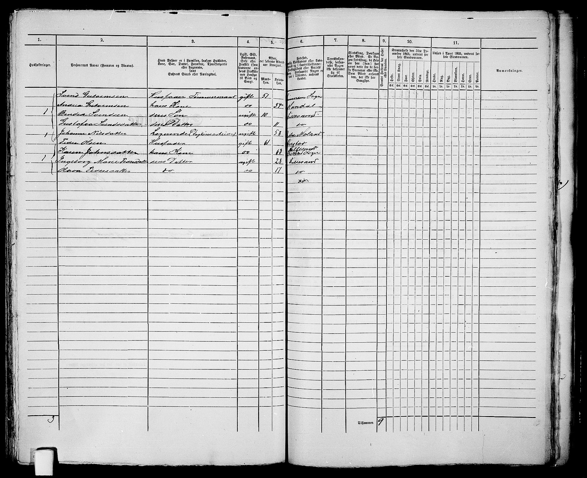 RA, 1865 census for Vestre Moland/Lillesand, 1865, p. 312