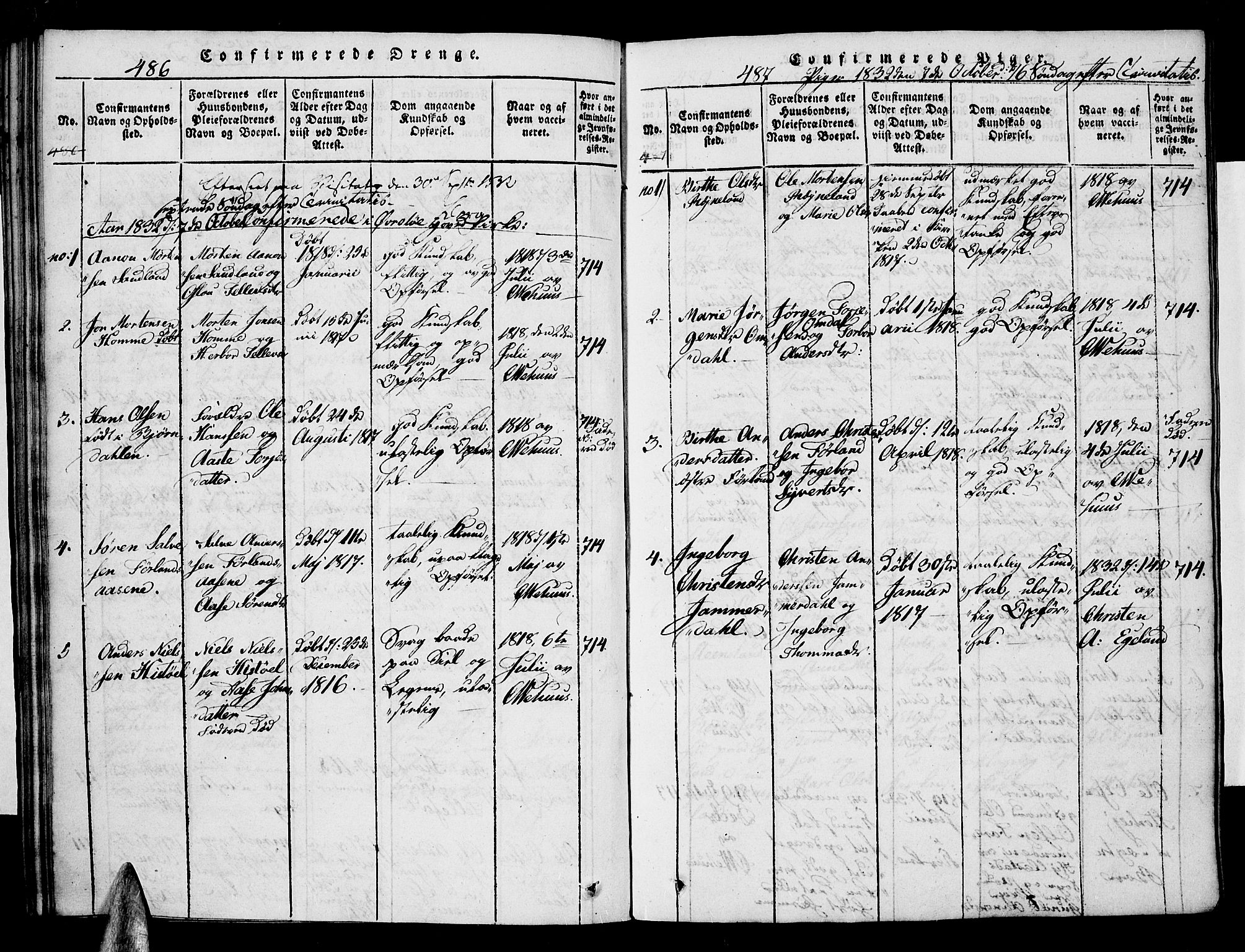Vennesla sokneprestkontor, SAK/1111-0045/Fa/Faa/L0003: Parish register (official) no. A 3, 1820-1834, p. 486-487