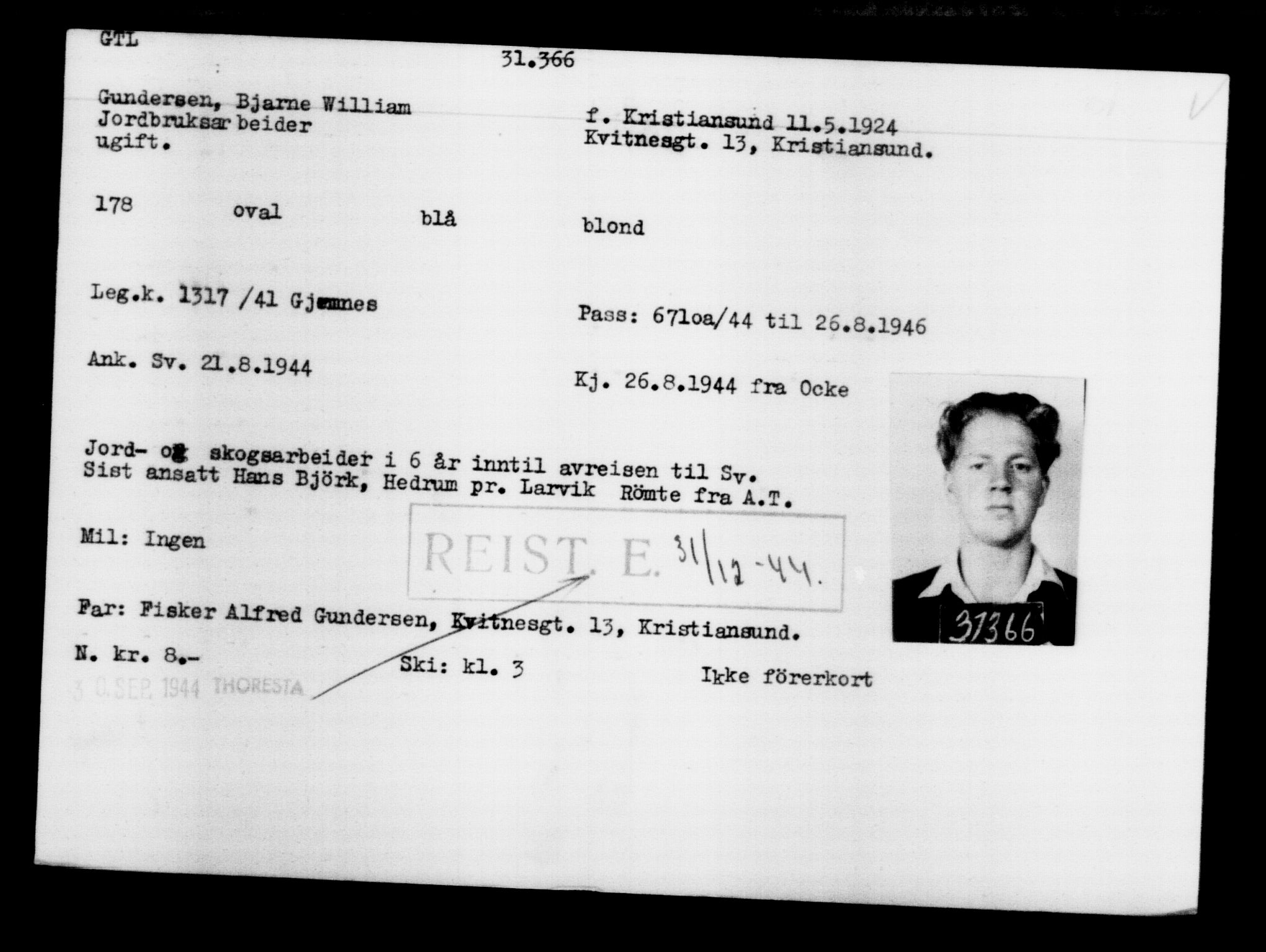 Utenriksstasjonene, Legasjonen i Stockholm, Flyktningkontoret, AV/RA-S-6753/V/Va/L0012: Kjesäterkartoteket, flyktninger med registreringsnr. 28300-31566, 1940-1945, p. 3319