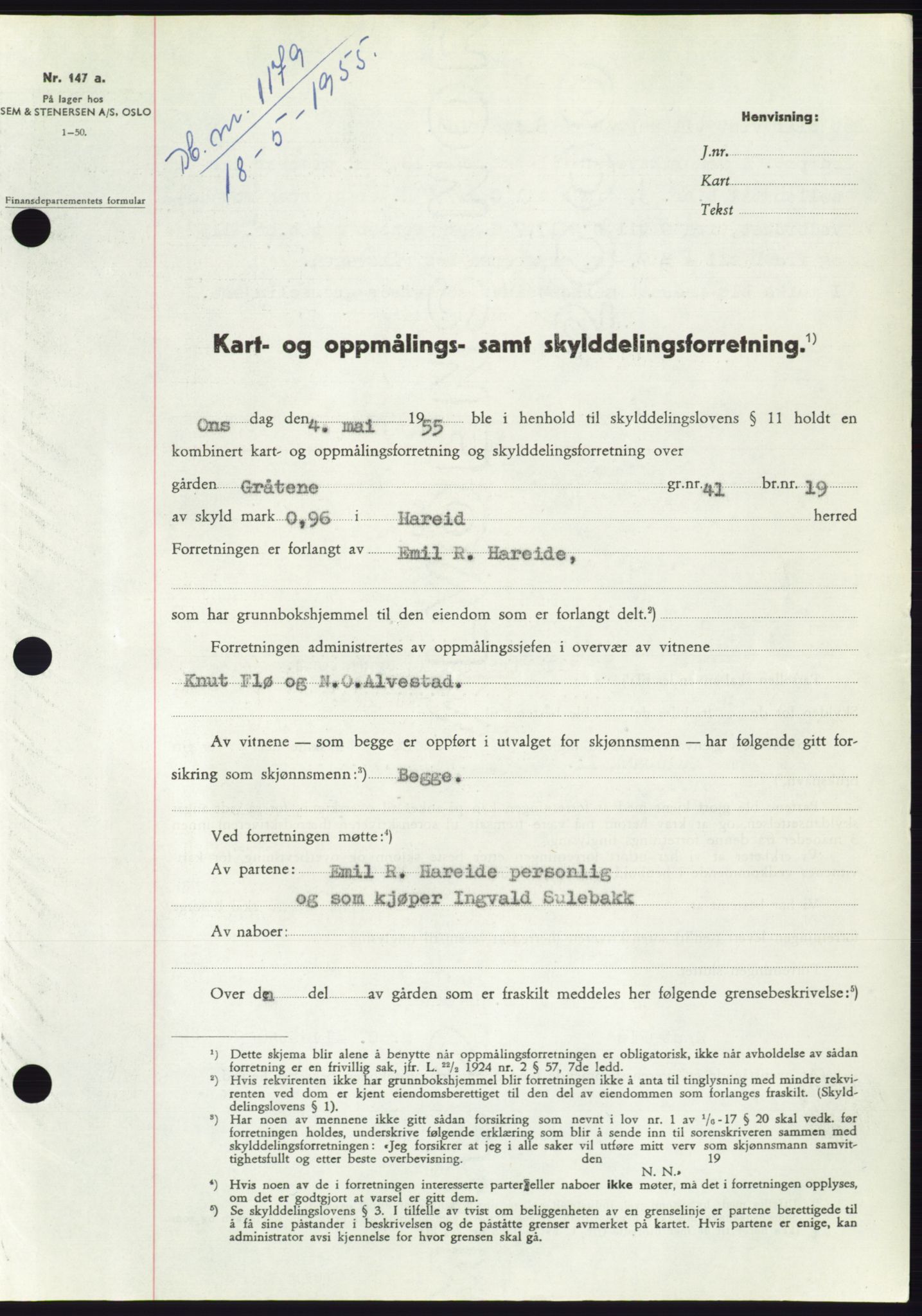 Søre Sunnmøre sorenskriveri, AV/SAT-A-4122/1/2/2C/L0101: Mortgage book no. 27A, 1955-1955, Diary no: : 1179/1955