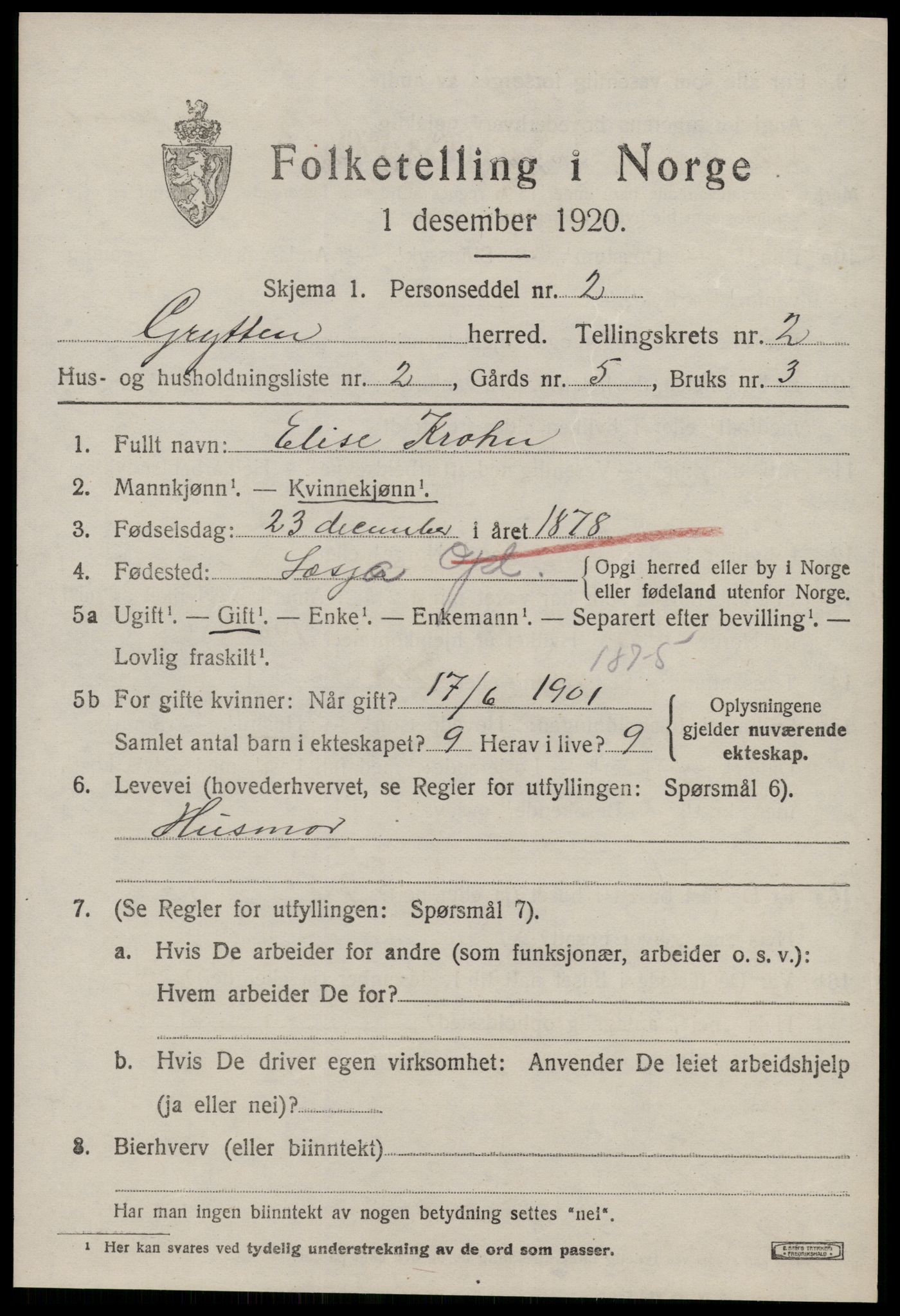 SAT, 1920 census for Grytten, 1920, p. 1898