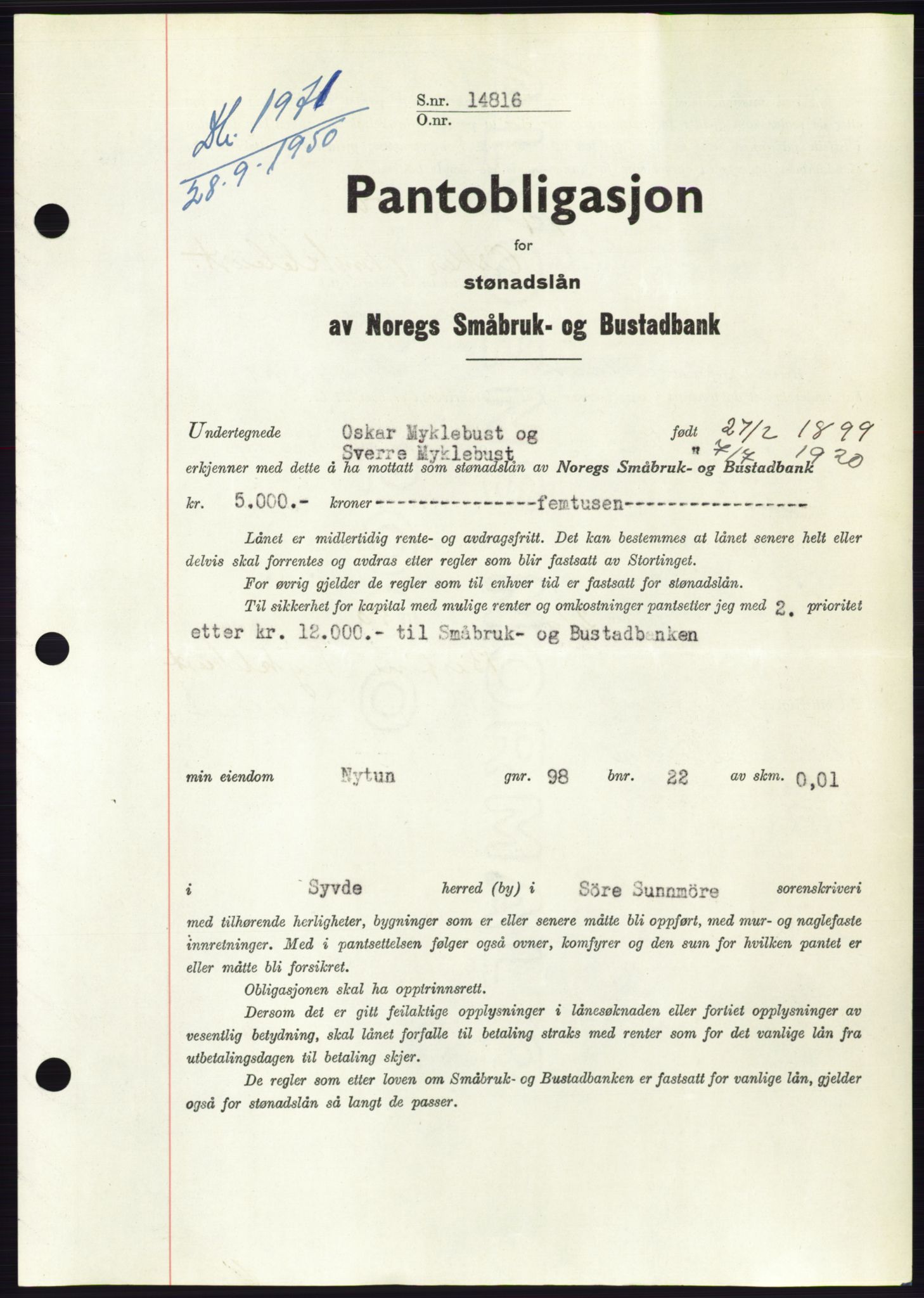 Søre Sunnmøre sorenskriveri, AV/SAT-A-4122/1/2/2C/L0119: Mortgage book no. 7B, 1950-1951, Diary no: : 1971/1950