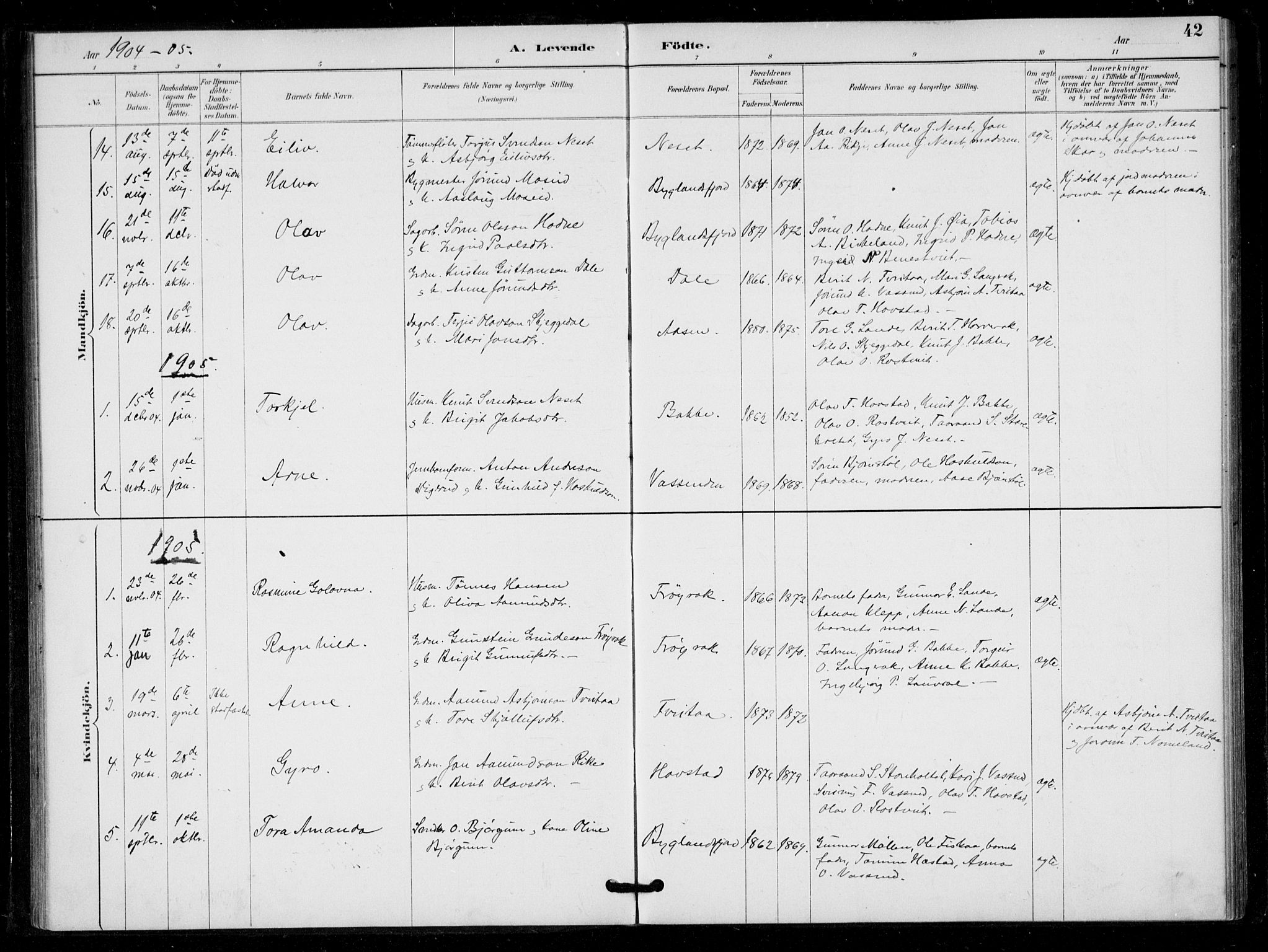 Bygland sokneprestkontor, SAK/1111-0006/F/Fa/Fad/L0001: Parish register (official) no. A 1, 1885-1906, p. 42