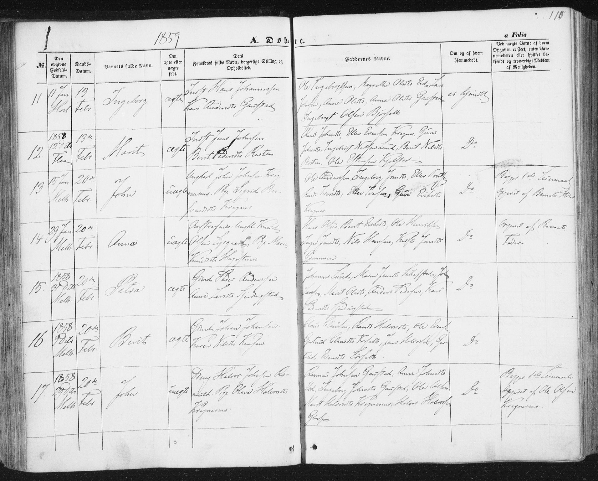 Ministerialprotokoller, klokkerbøker og fødselsregistre - Sør-Trøndelag, SAT/A-1456/691/L1076: Parish register (official) no. 691A08, 1852-1861, p. 115