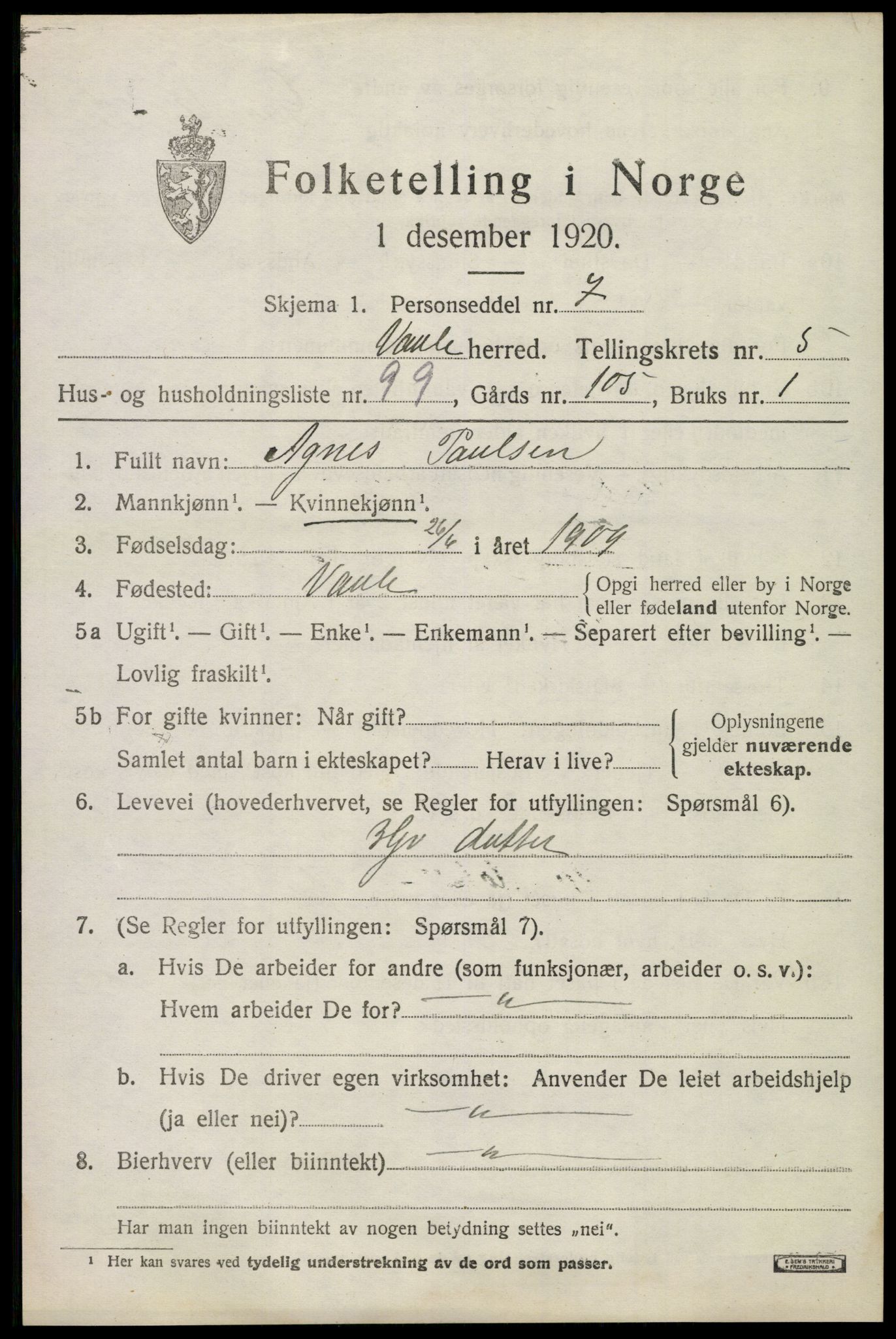 SAKO, 1920 census for Våle, 1920, p. 4802