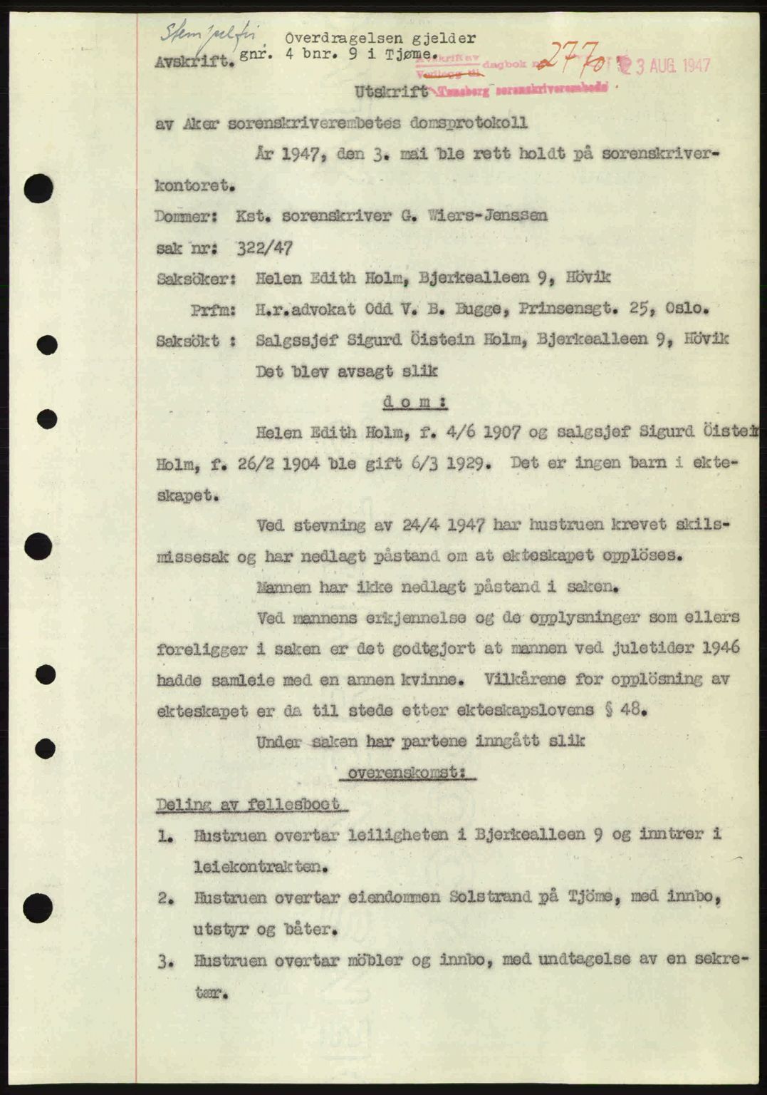 Tønsberg sorenskriveri, SAKO/A-130/G/Ga/Gaa/L0022: Mortgage book no. A22, 1947-1947, Diary no: : 2770/1947