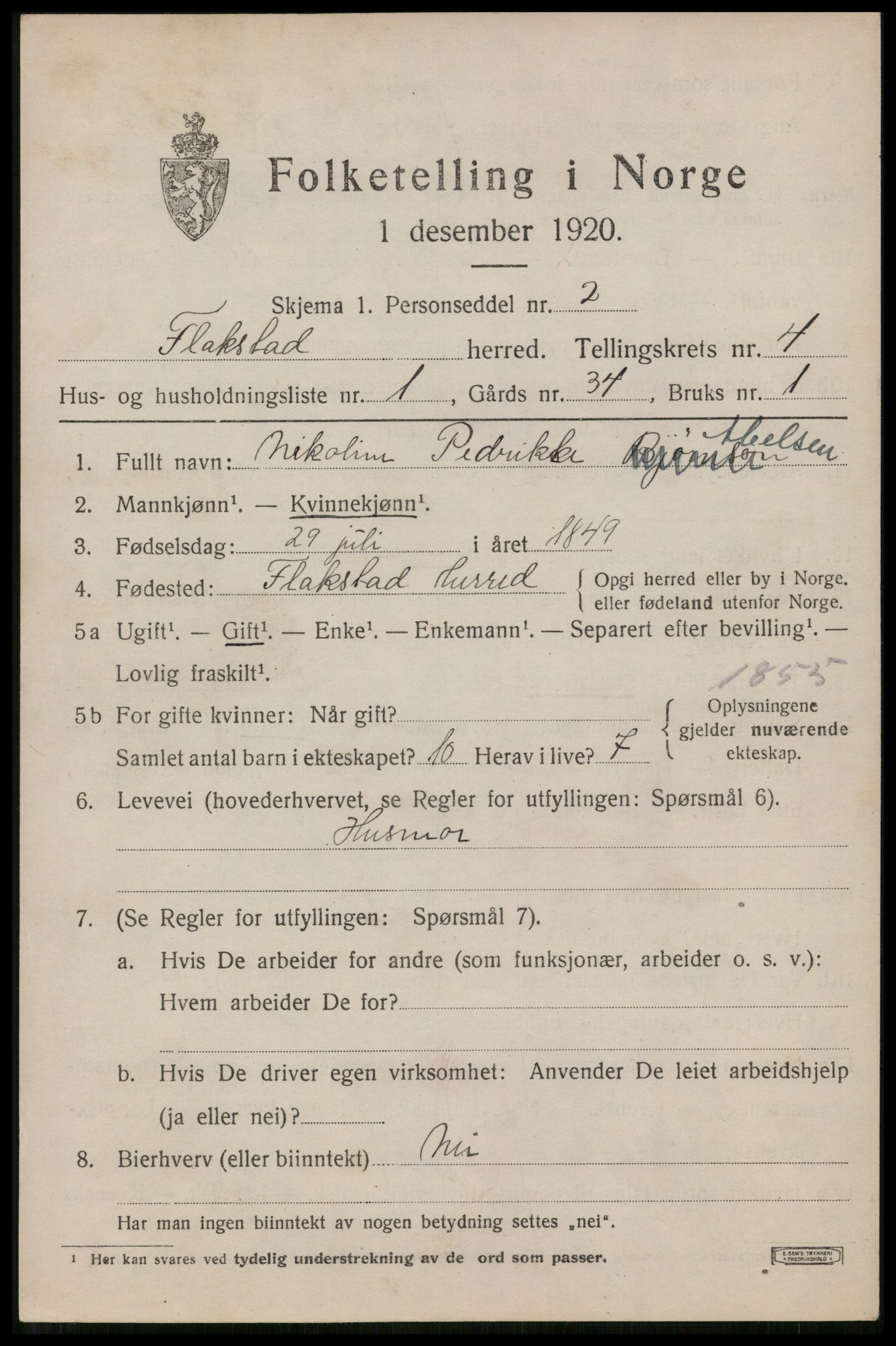 SAT, 1920 census for Flakstad, 1920, p. 2825