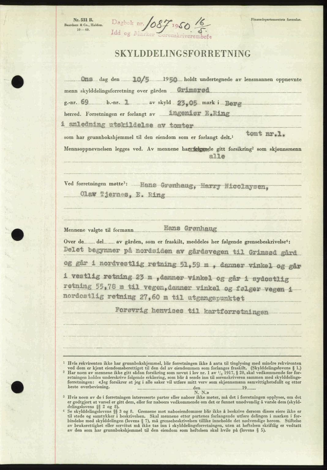 Idd og Marker sorenskriveri, AV/SAO-A-10283/G/Gb/Gbb/L0014: Mortgage book no. A14, 1950-1950, Diary no: : 1087/1950