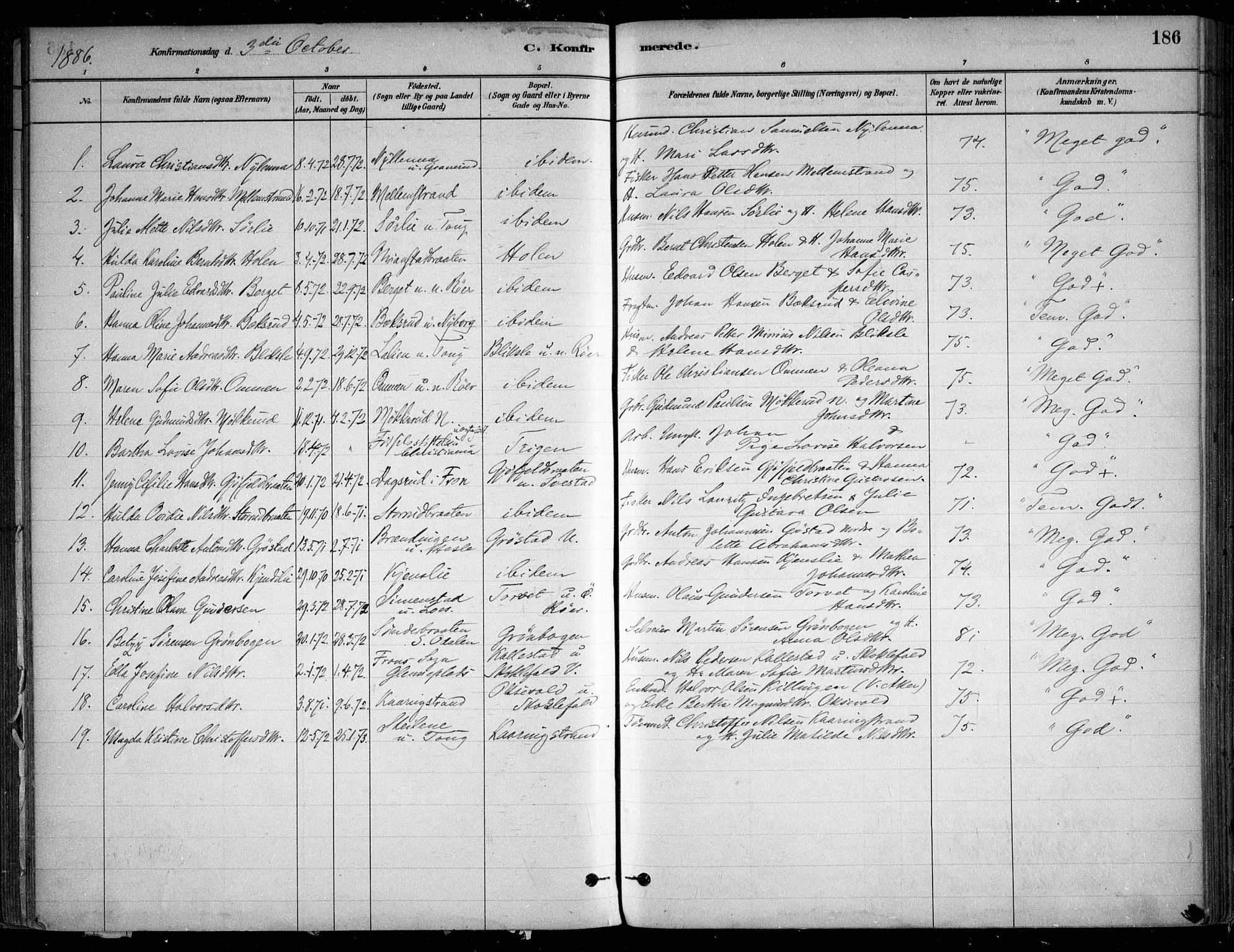 Nesodden prestekontor Kirkebøker, SAO/A-10013/F/Fa/L0009: Parish register (official) no. I 9, 1880-1915, p. 186