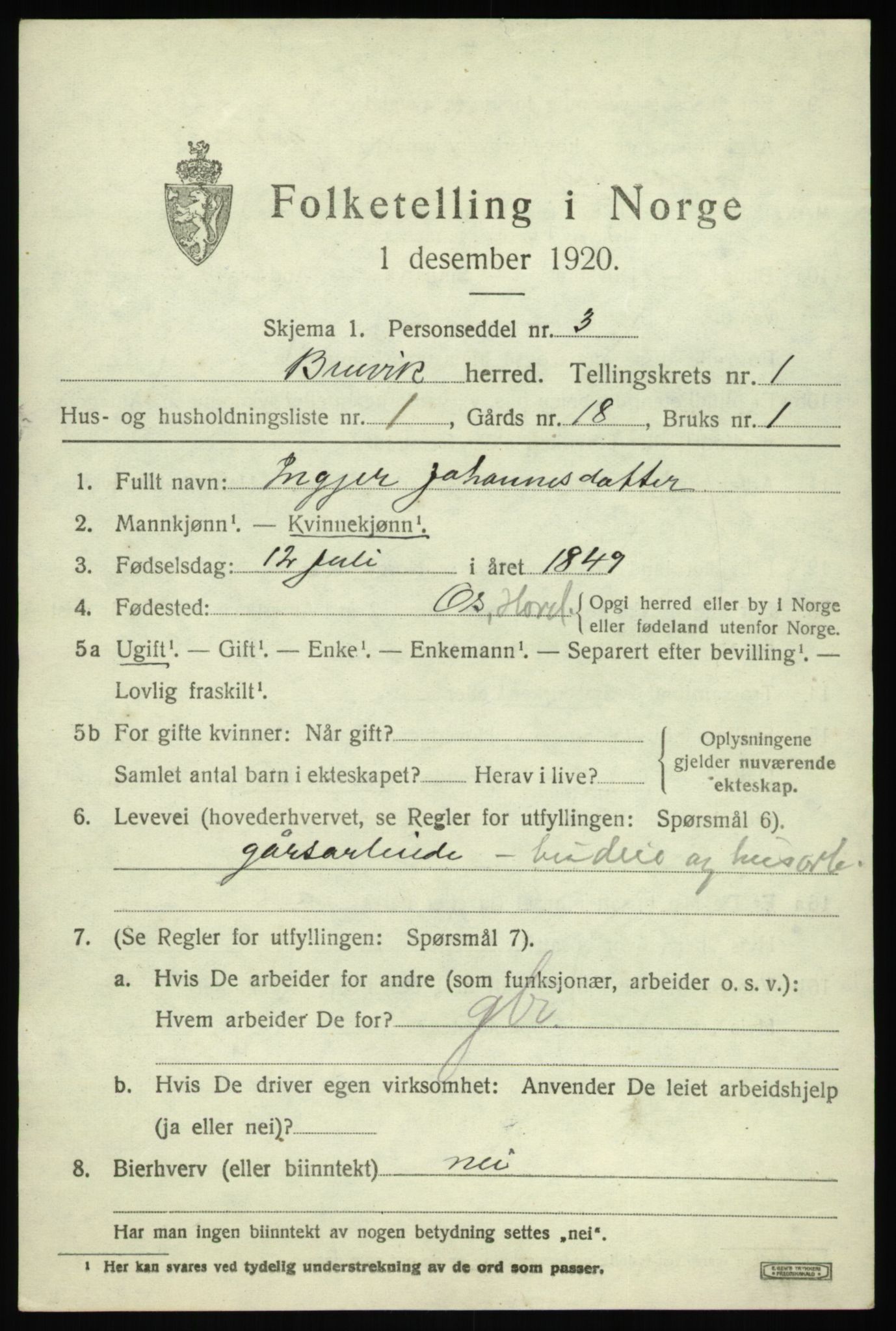 SAB, 1920 census for Bruvik, 1920, p. 1102