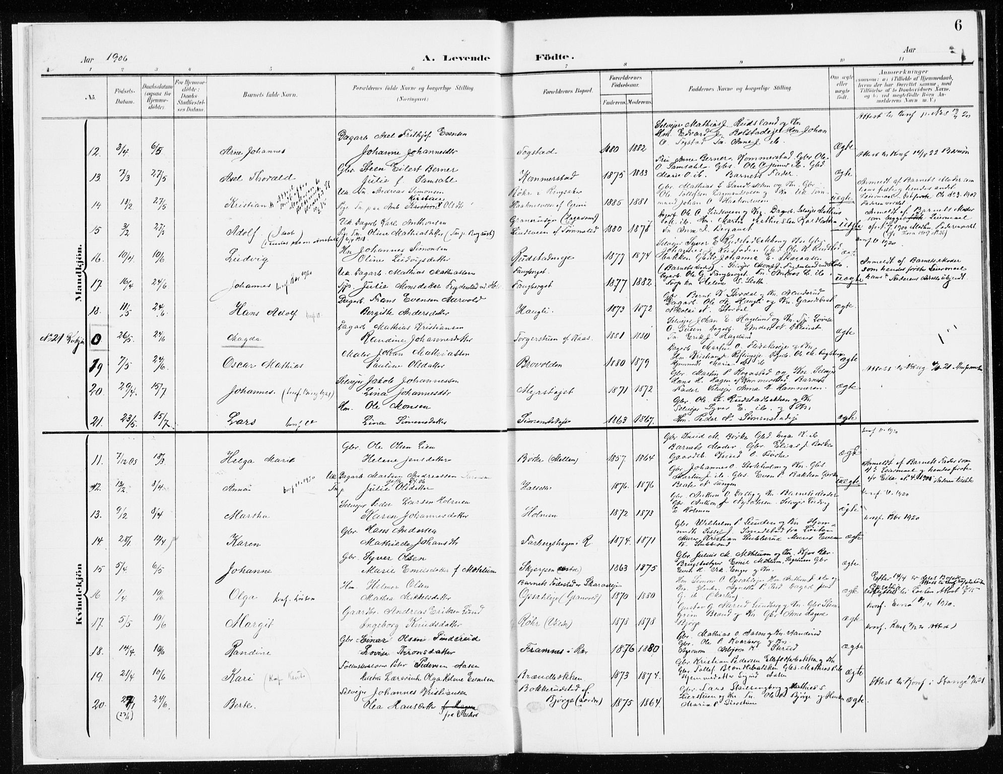 Ringsaker prestekontor, AV/SAH-PREST-014/K/Ka/L0019: Parish register (official) no. 19, 1905-1920, p. 6