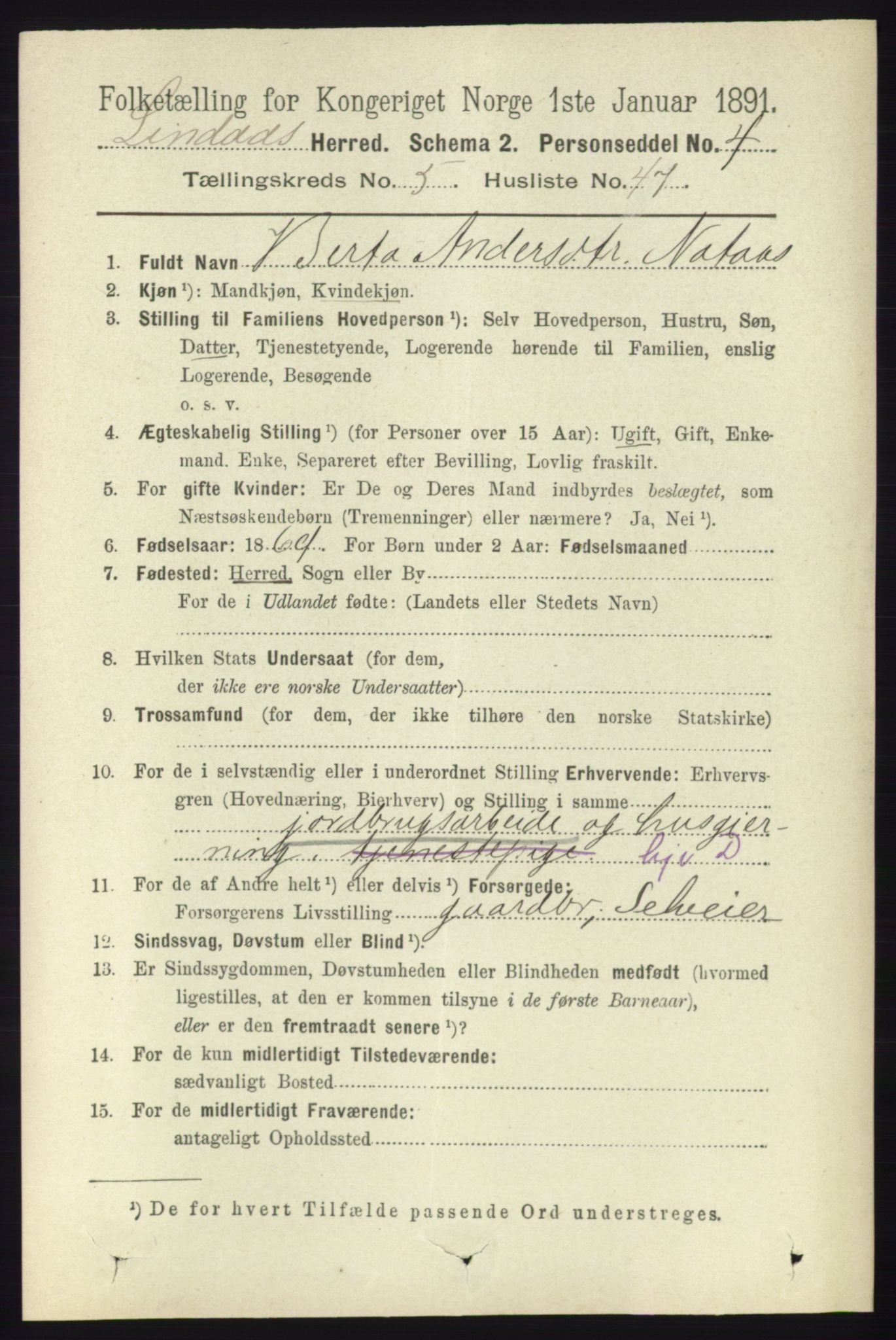 RA, 1891 census for 1263 Lindås, 1891, p. 1814