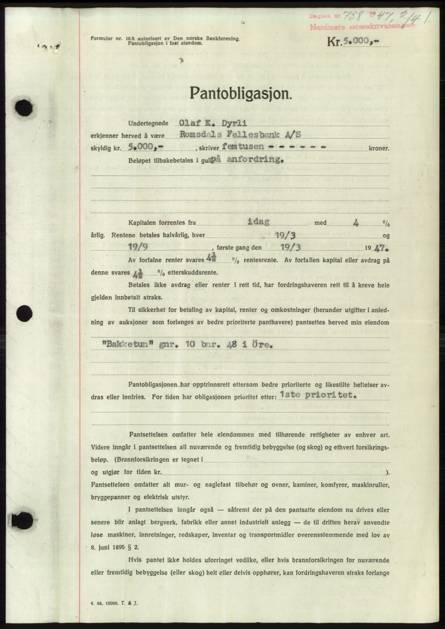 Nordmøre sorenskriveri, AV/SAT-A-4132/1/2/2Ca: Mortgage book no. B96, 1947-1947, Diary no: : 758/1947