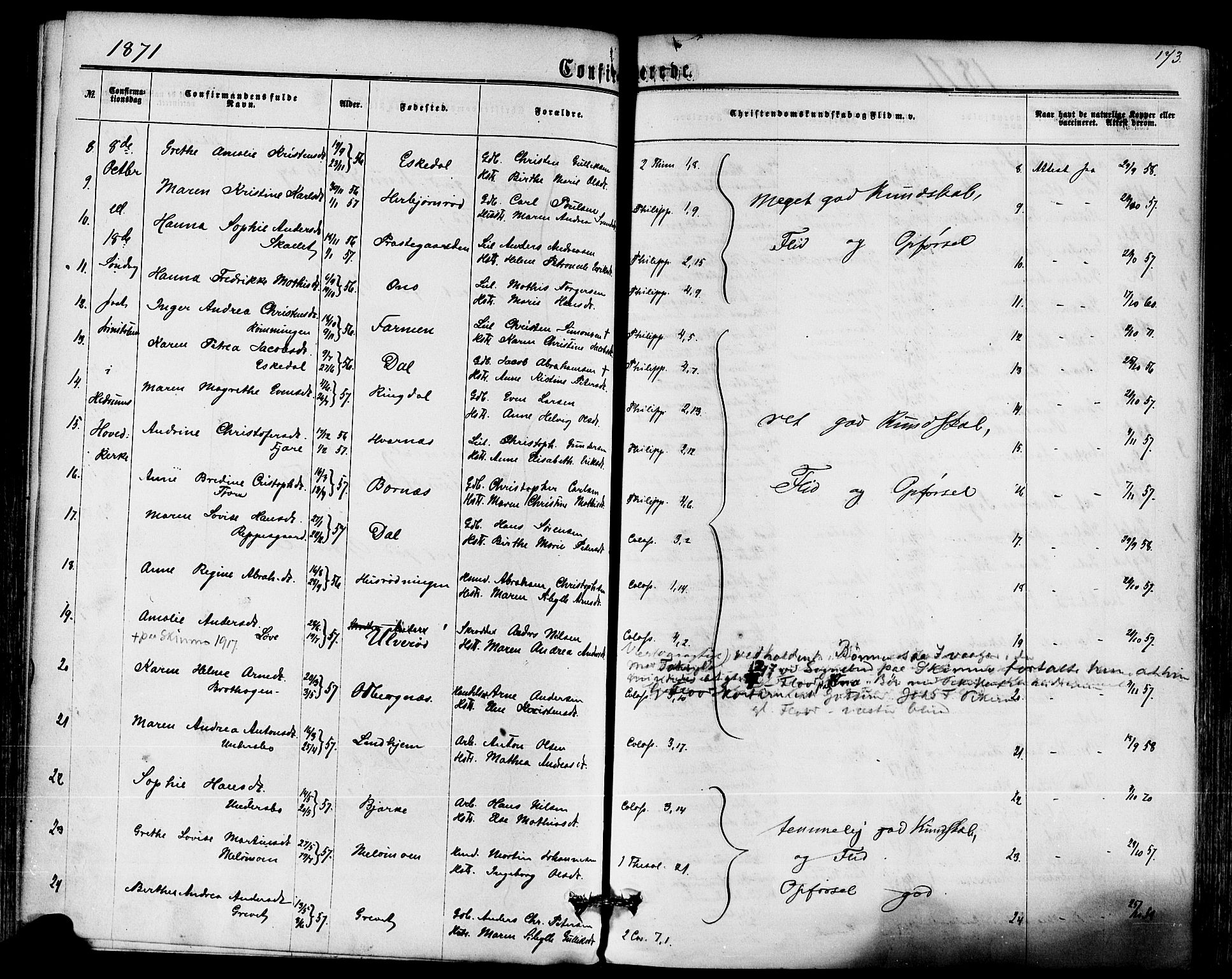 Hedrum kirkebøker, AV/SAKO-A-344/F/Fa/L0008: Parish register (official) no. I 8, 1869-1880, p. 173
