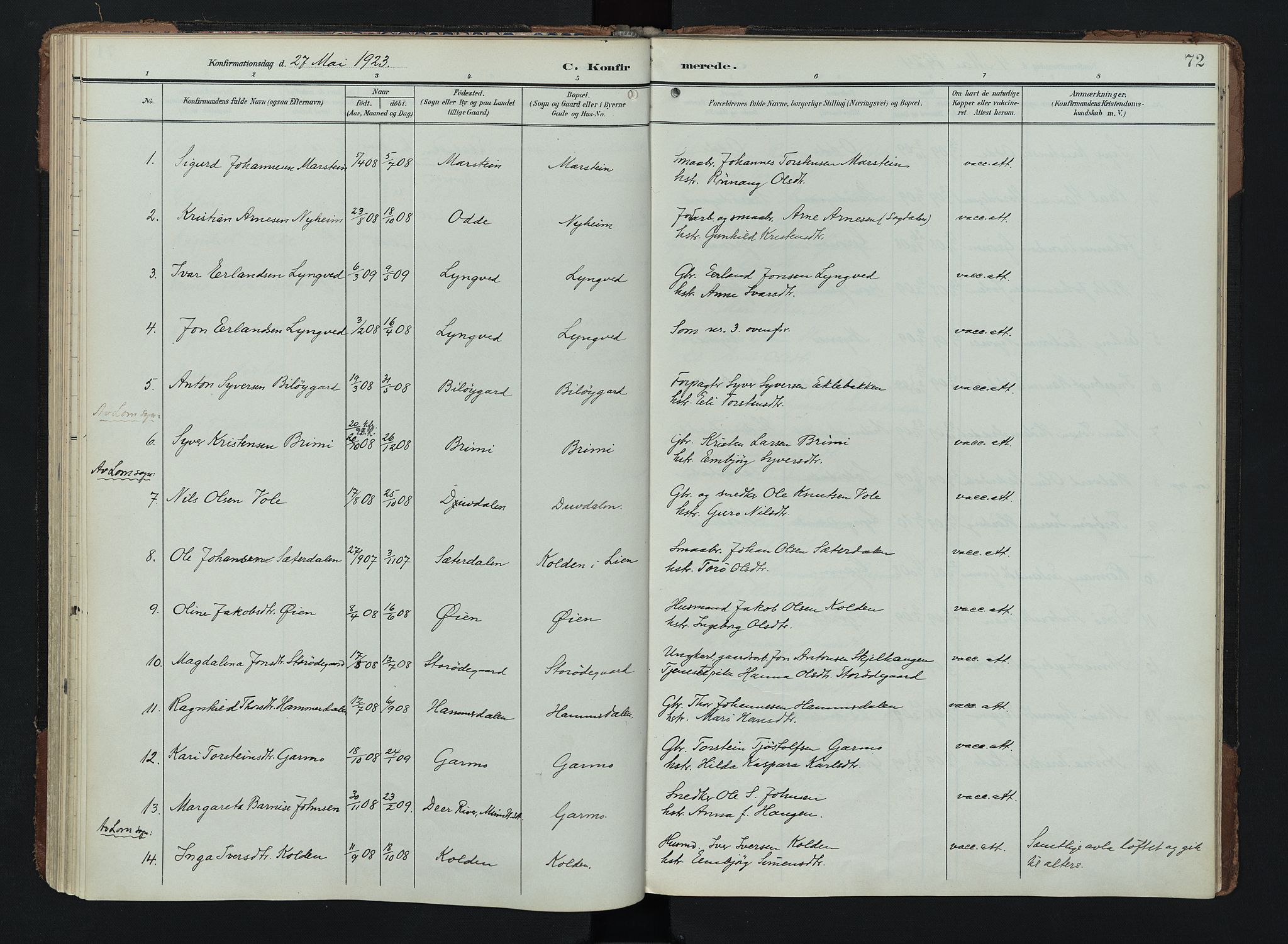 Lom prestekontor, AV/SAH-PREST-070/K/L0011: Parish register (official) no. 11, 1904-1928, p. 72