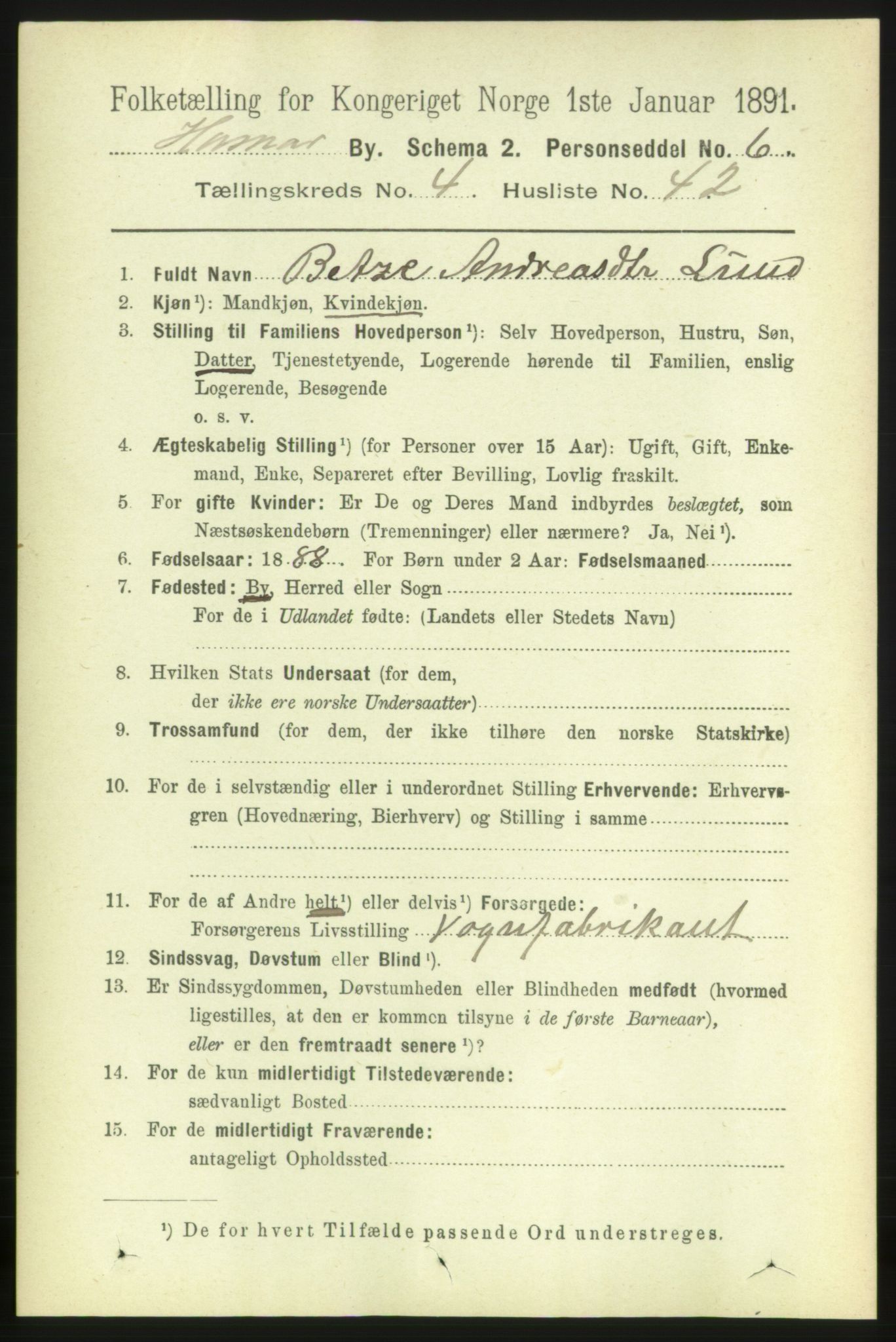 RA, 1891 census for 0401 Hamar, 1891, p. 3598