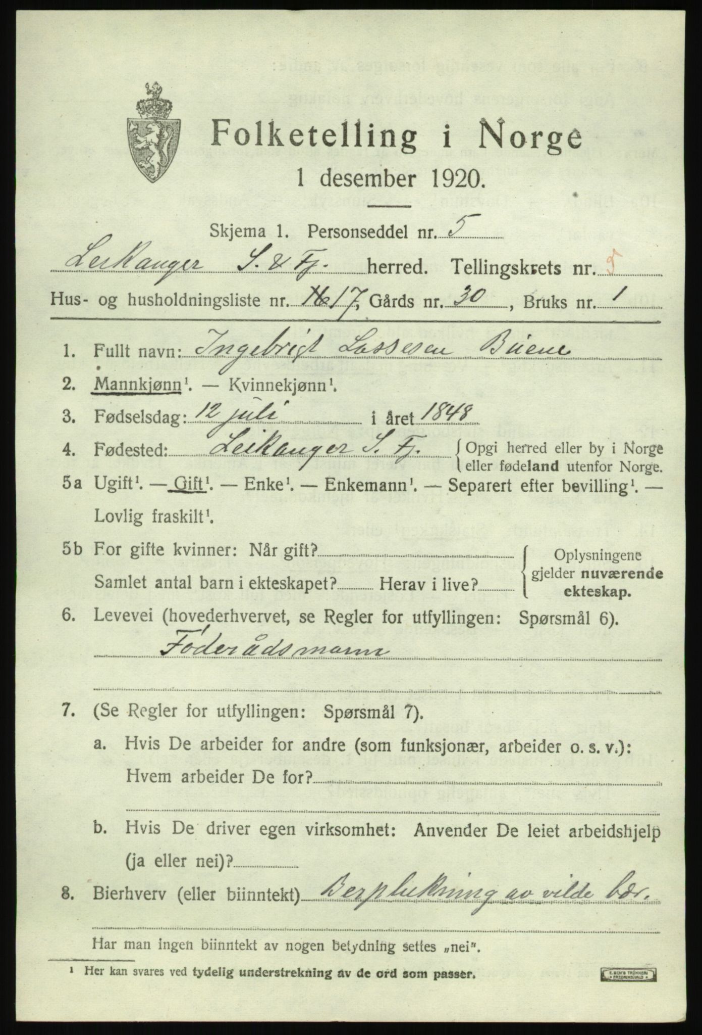 SAB, 1920 census for Leikanger, 1920, p. 3802