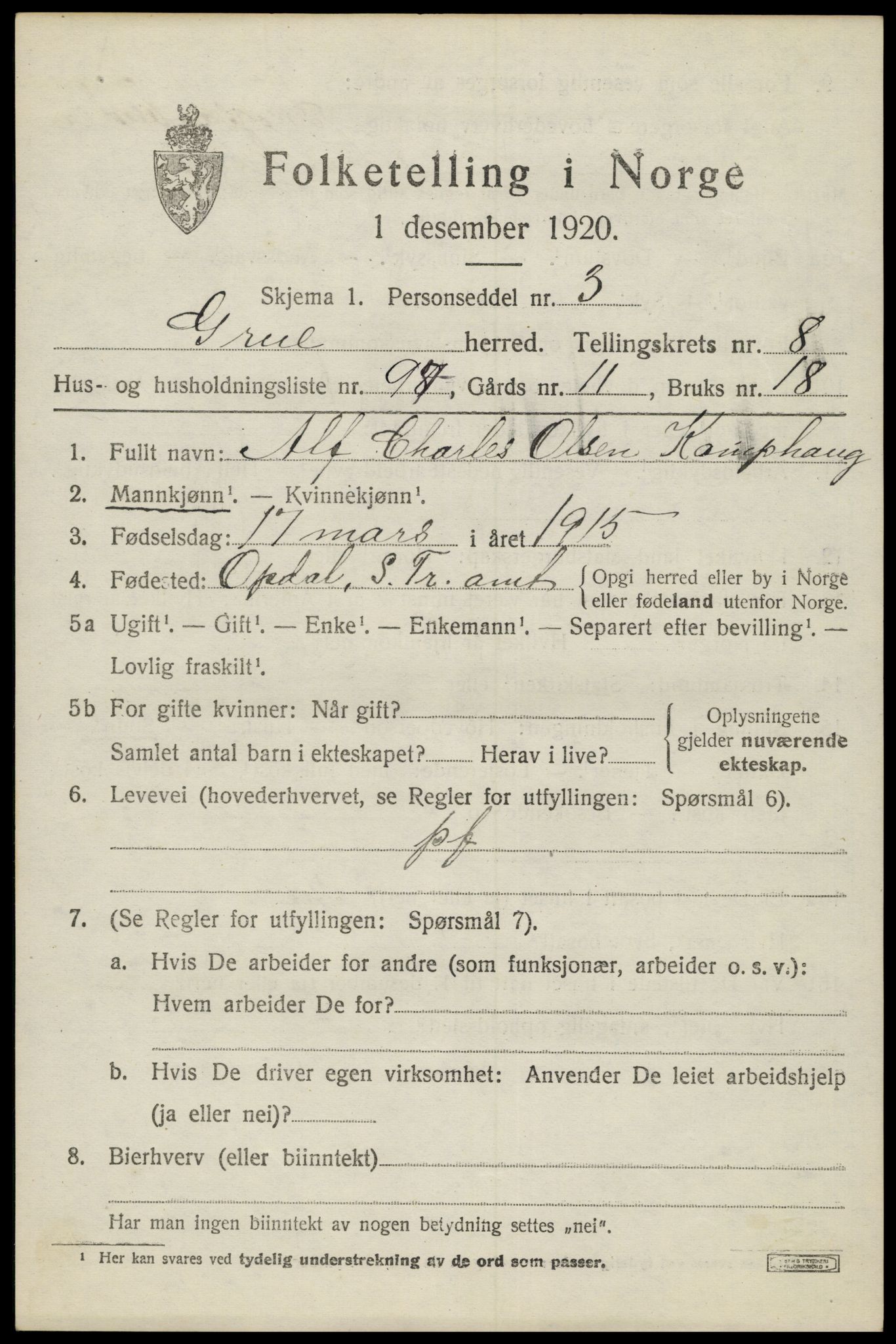 SAH, 1920 census for Grue, 1920, p. 8037