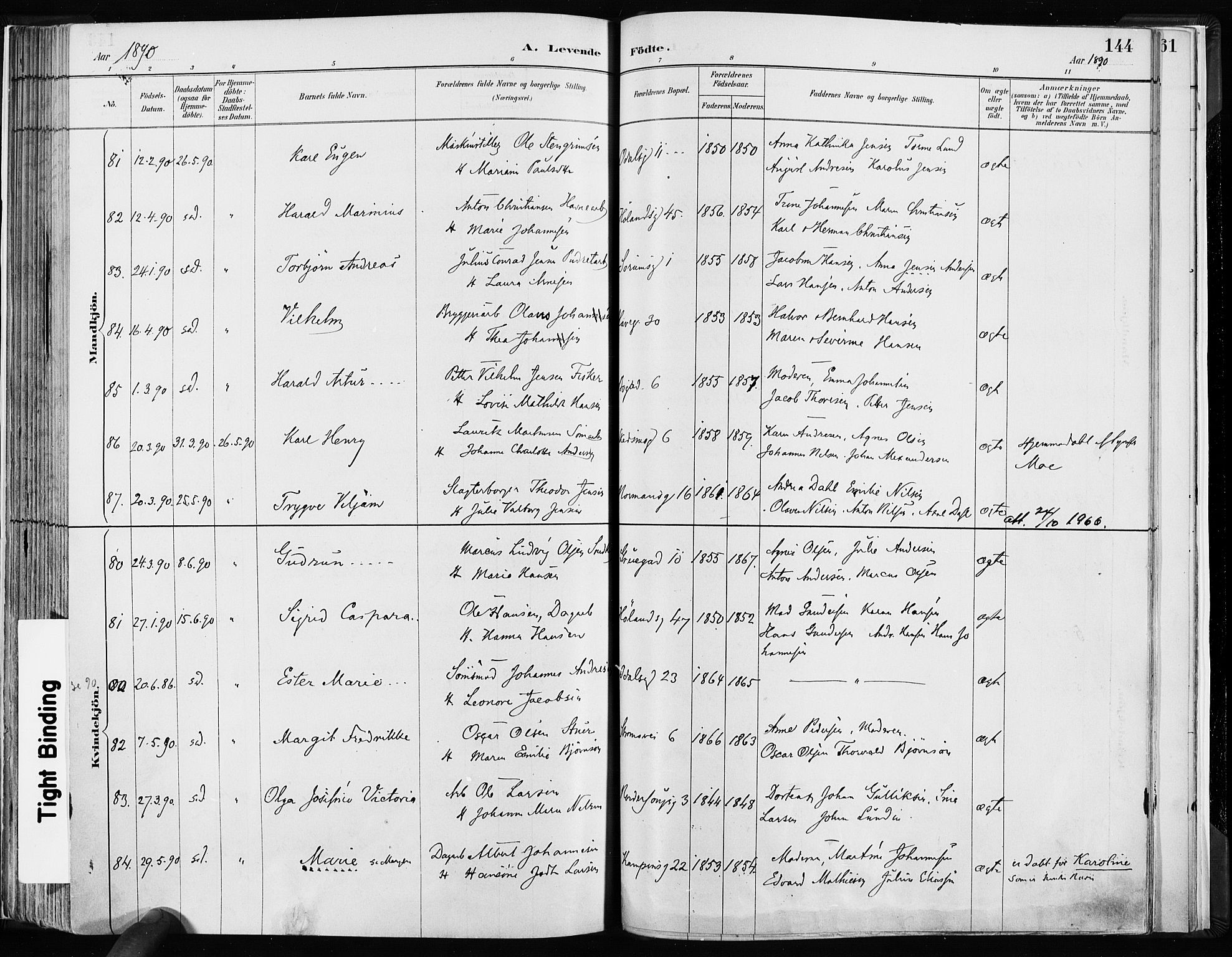 Kampen prestekontor Kirkebøker, AV/SAO-A-10853/F/Fa/L0003: Parish register (official) no. I 3, 1886-1892, p. 144