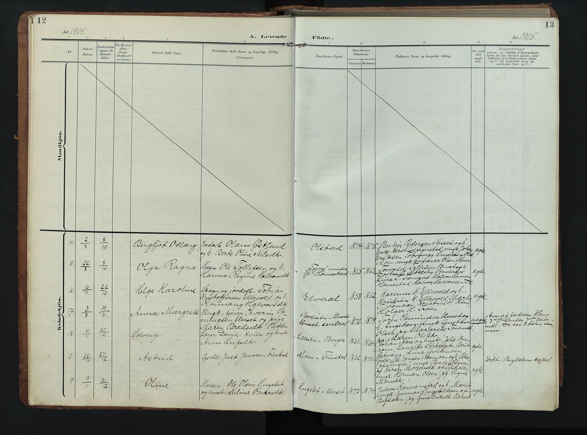 Rendalen prestekontor, AV/SAH-PREST-054/H/Ha/Hab/L0004: Parish register (copy) no. 4, 1904-1946, p. 12-13