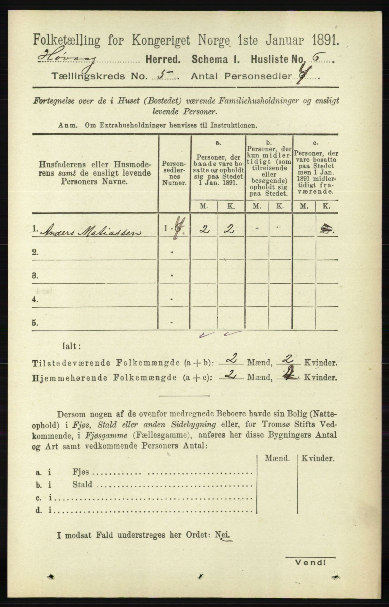 RA, 1891 census for 0927 Høvåg, 1891, p. 1791