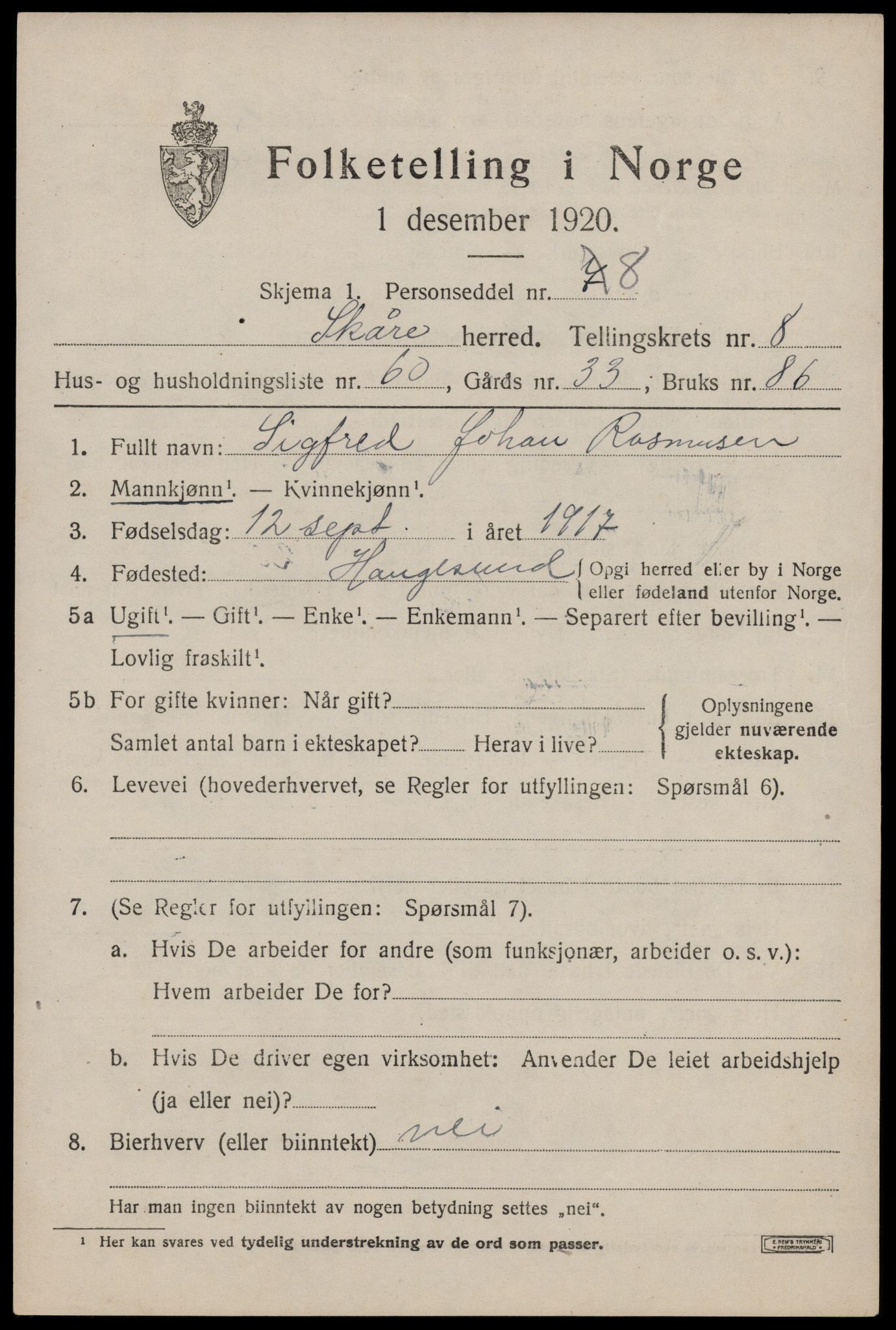 SAST, 1920 census for Skåre, 1920, p. 6828