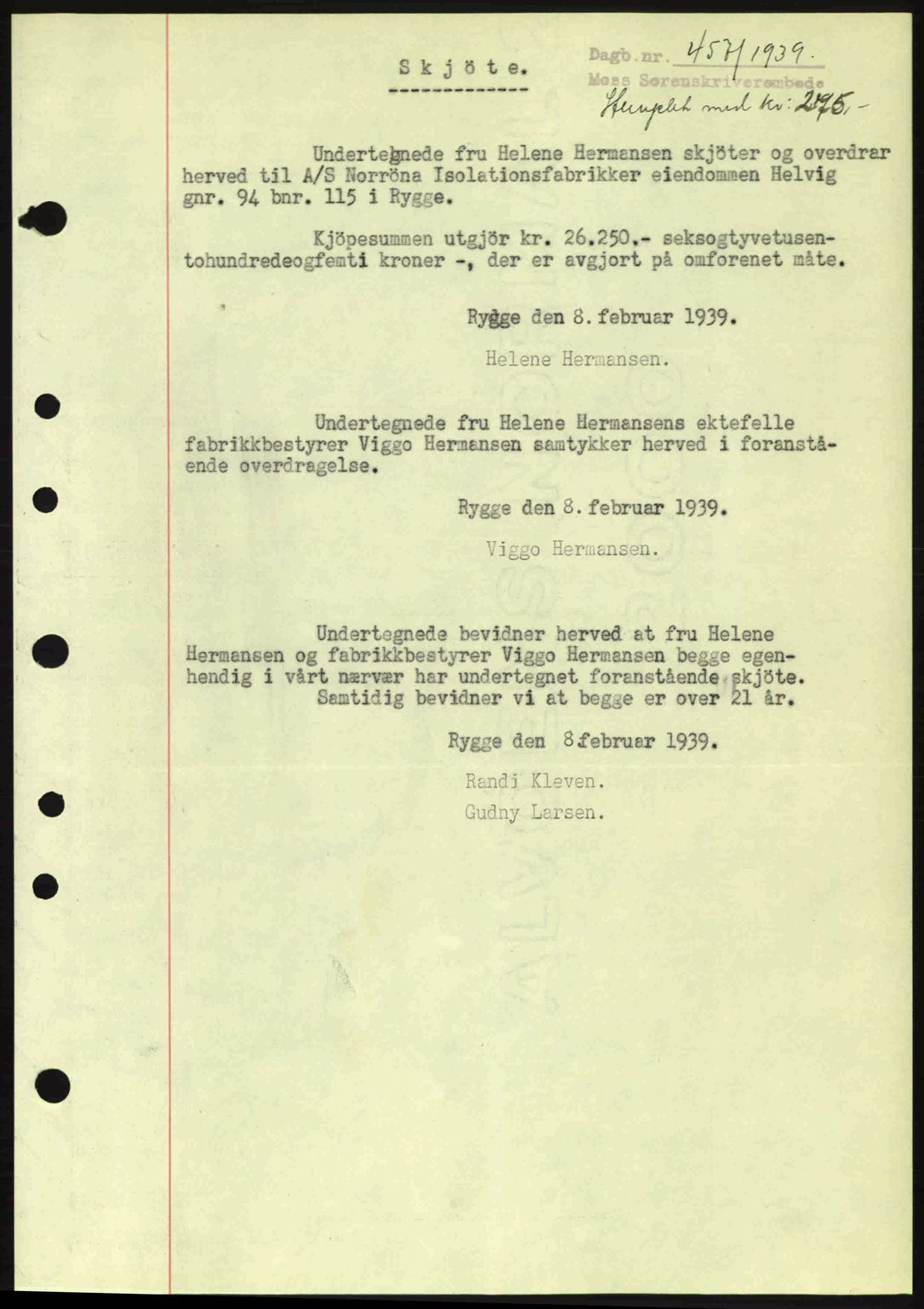 Moss sorenskriveri, SAO/A-10168: Mortgage book no. A5, 1938-1939, Diary no: : 457/1939