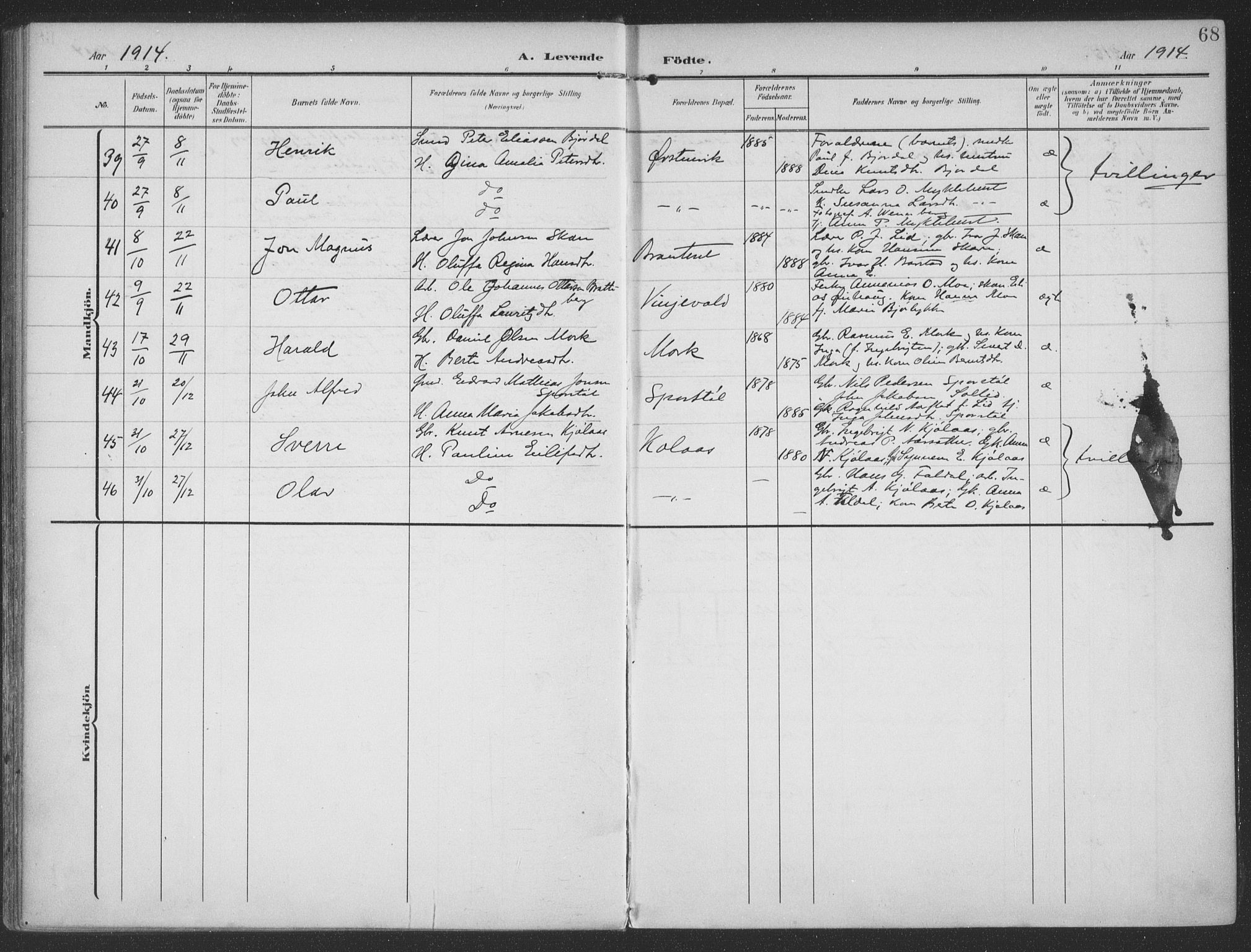 Ministerialprotokoller, klokkerbøker og fødselsregistre - Møre og Romsdal, SAT/A-1454/513/L0178: Parish register (official) no. 513A05, 1906-1919, p. 68