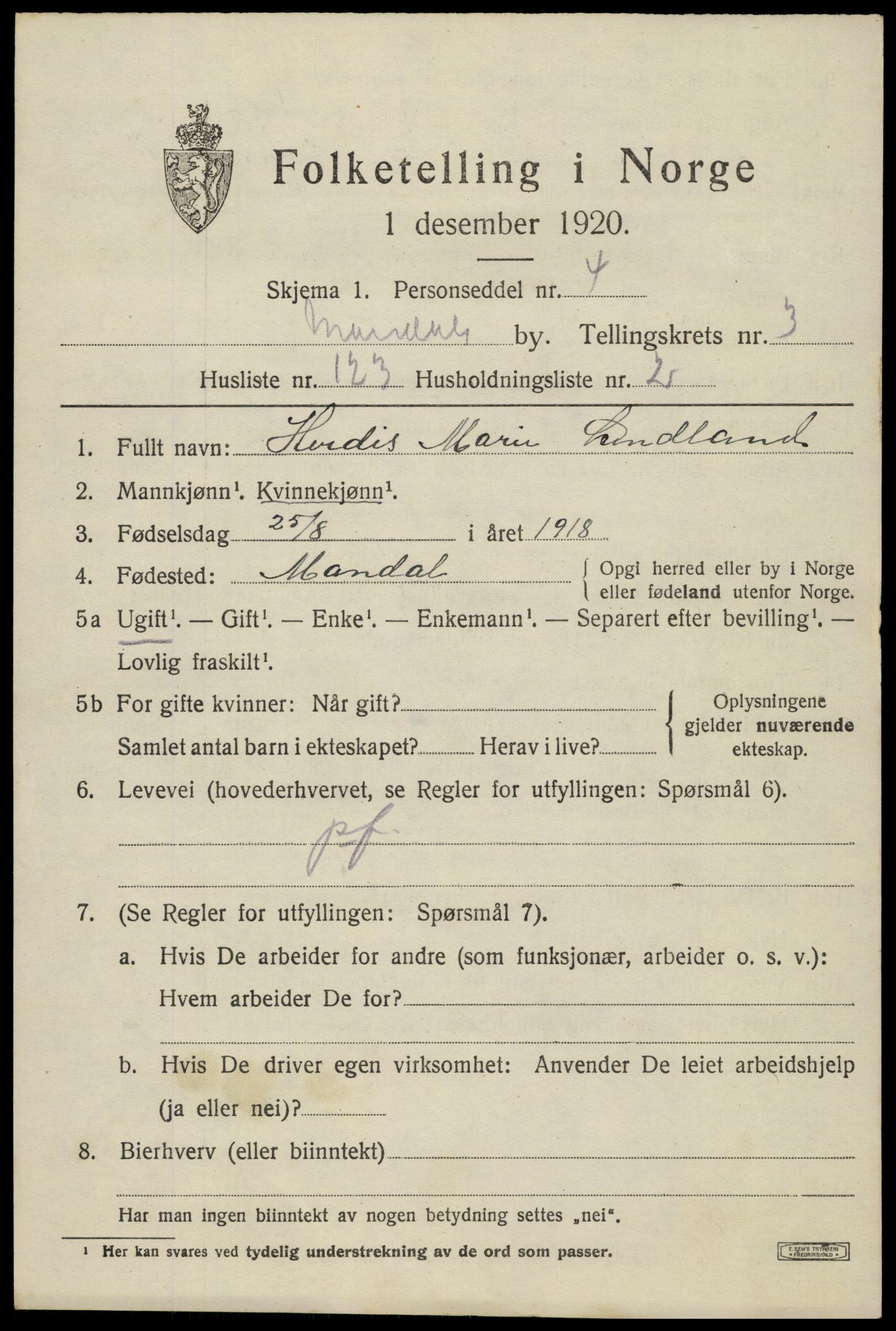 SAK, 1920 census for Mandal, 1920, p. 6875