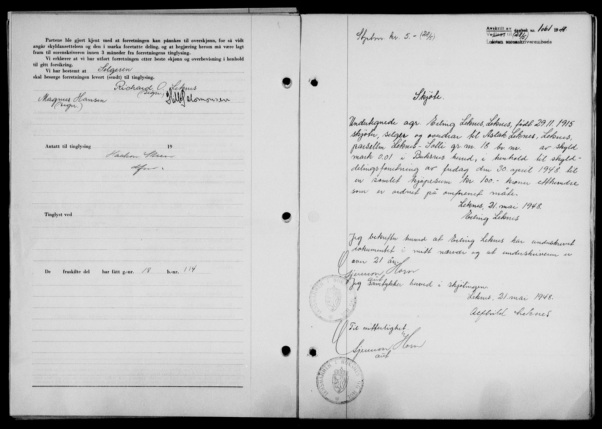 Lofoten sorenskriveri, SAT/A-0017/1/2/2C/L0018a: Mortgage book no. 18a, 1948-1948, Diary no: : 1061/1948