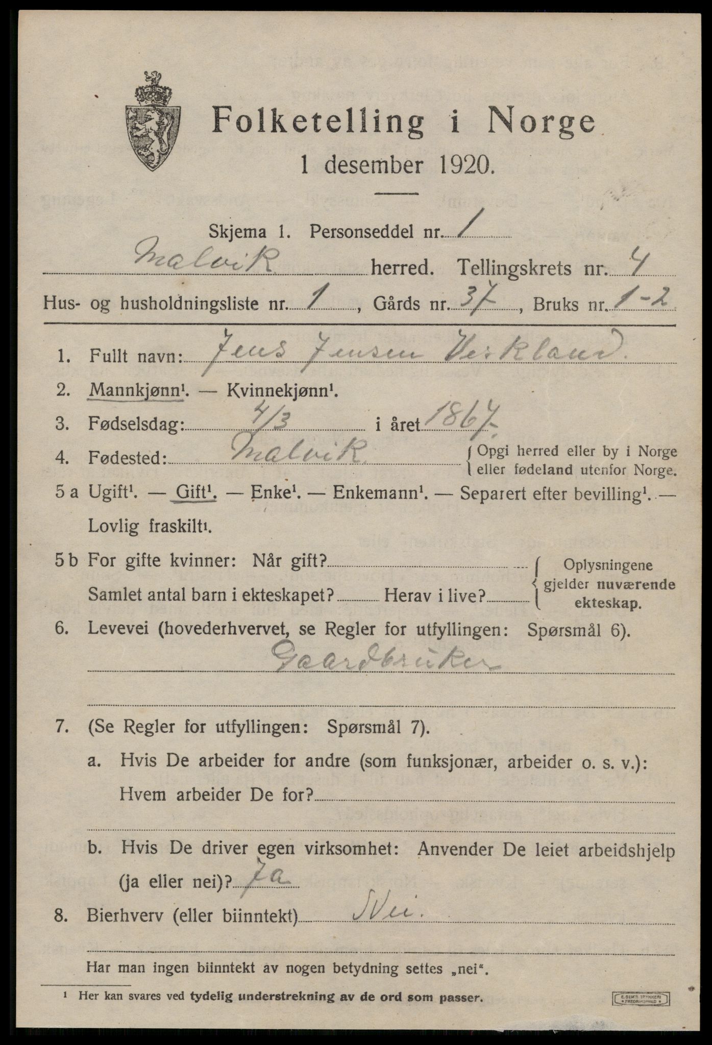 SAT, 1920 census for Malvik, 1920, p. 2568