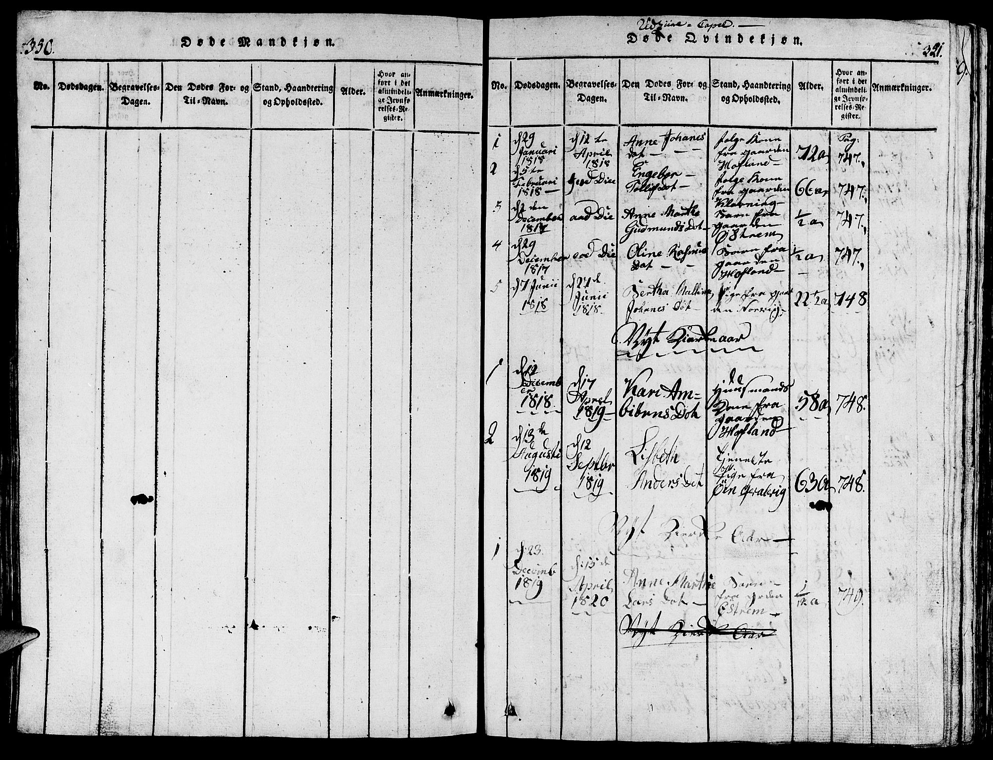 Torvastad sokneprestkontor, SAST/A -101857/H/Ha/Hab/L0001: Parish register (copy) no. B 1 /2, 1817-1834, p. 350-351