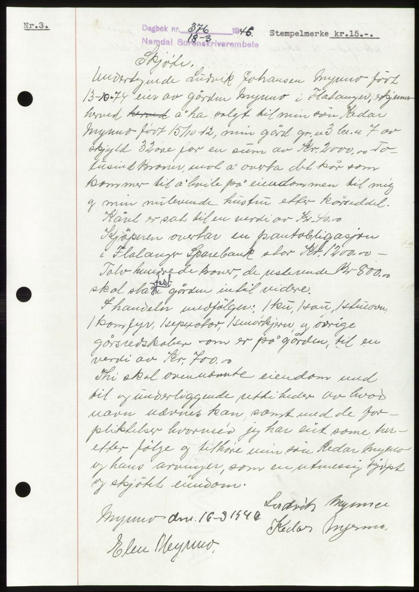 Namdal sorenskriveri, AV/SAT-A-4133/1/2/2C: Mortgage book no. -, 1946-1946, Diary no: : 376/1946