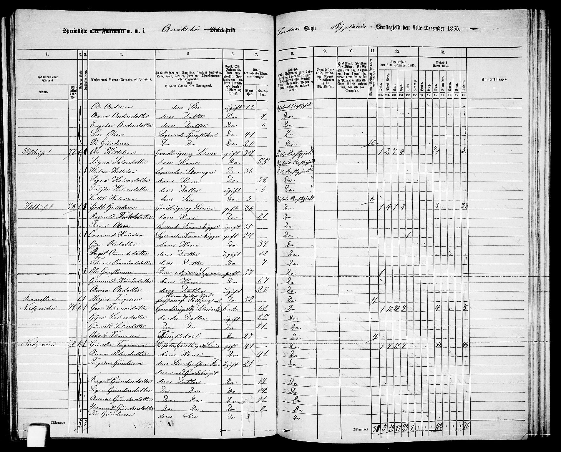 RA, 1865 census for Bygland, 1865, p. 39