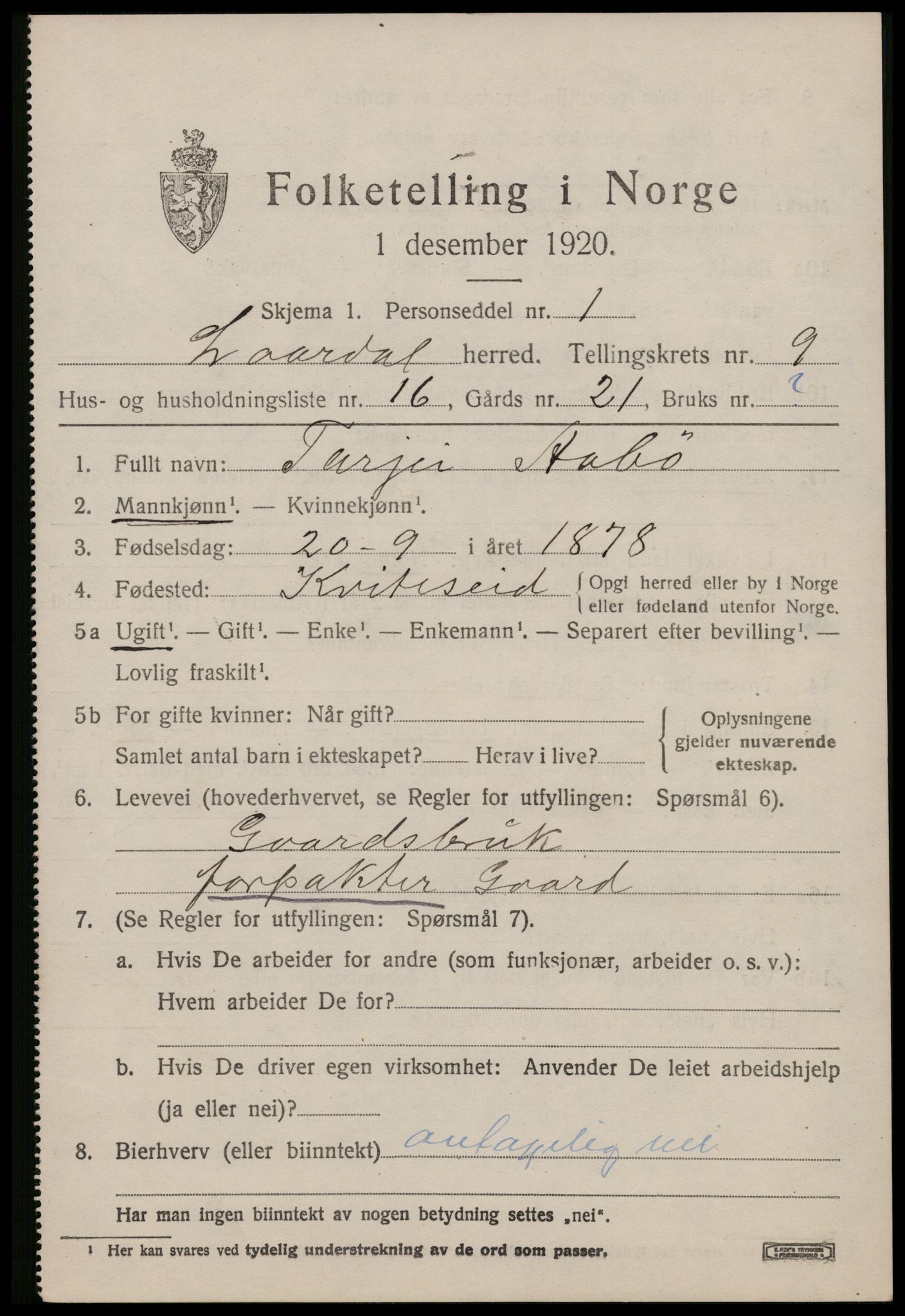 SAKO, 1920 census for Lårdal, 1920, p. 3305