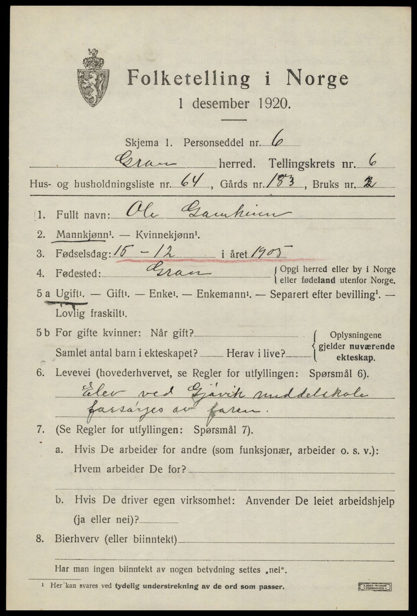 SAH, 1920 census for Gran, 1920, p. 9041