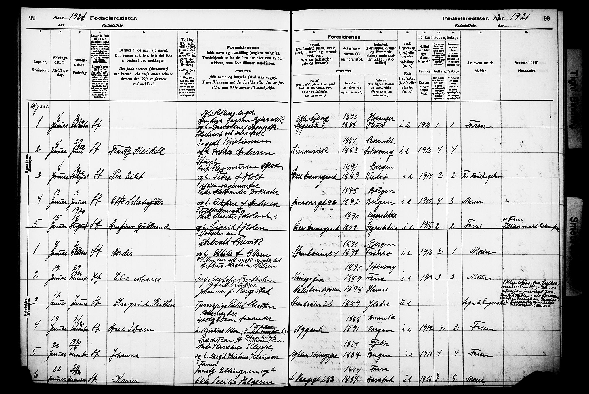 Laksevåg Sokneprestembete, AV/SAB-A-76501/I/Id/L00A1: Birth register no. A 1, 1916-1926, p. 99