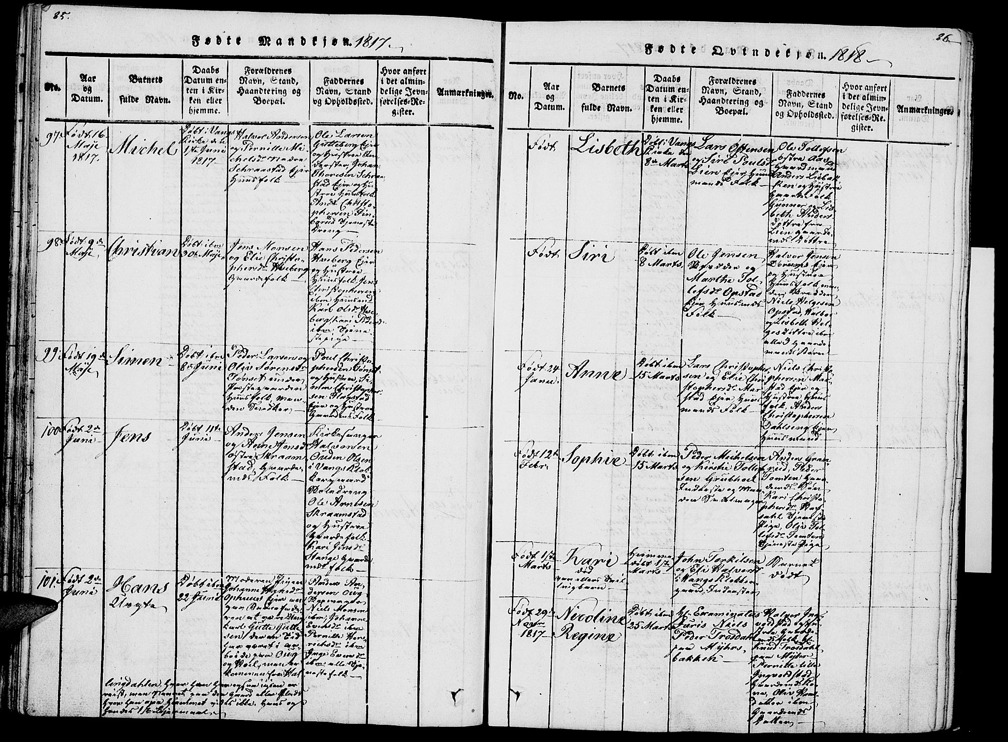 Vang prestekontor, Hedmark, AV/SAH-PREST-008/H/Ha/Haa/L0007: Parish register (official) no. 7, 1813-1826, p. 85-86