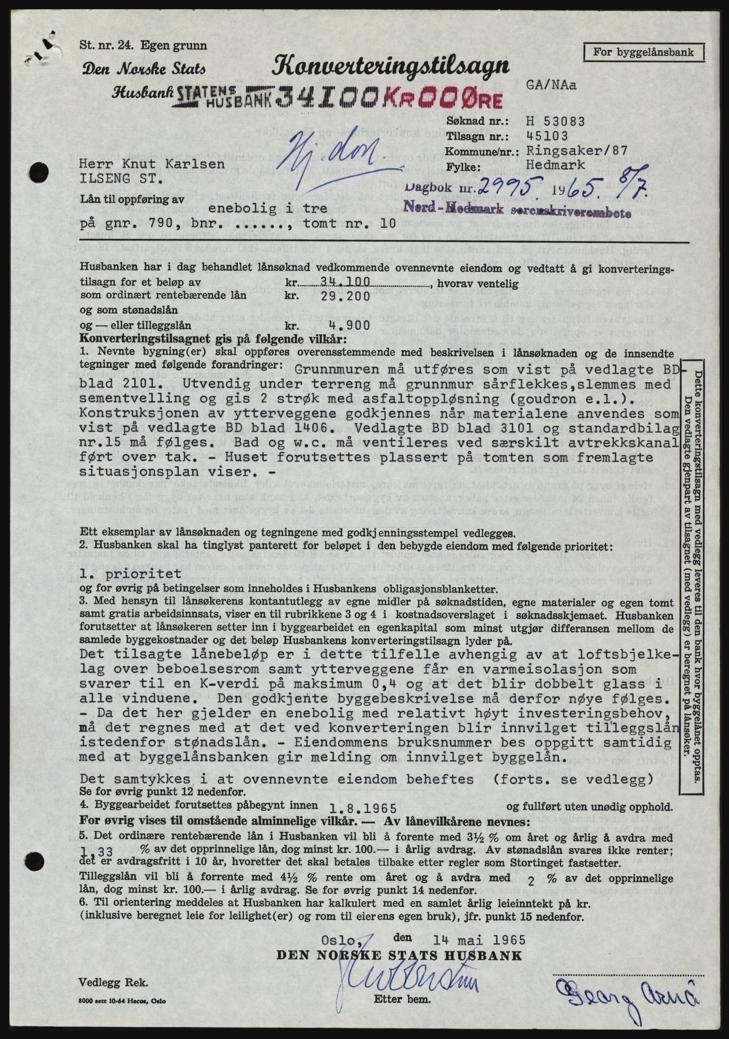 Nord-Hedmark sorenskriveri, SAH/TING-012/H/Hc/L0022: Mortgage book no. 22, 1965-1965, Diary no: : 2995/1965