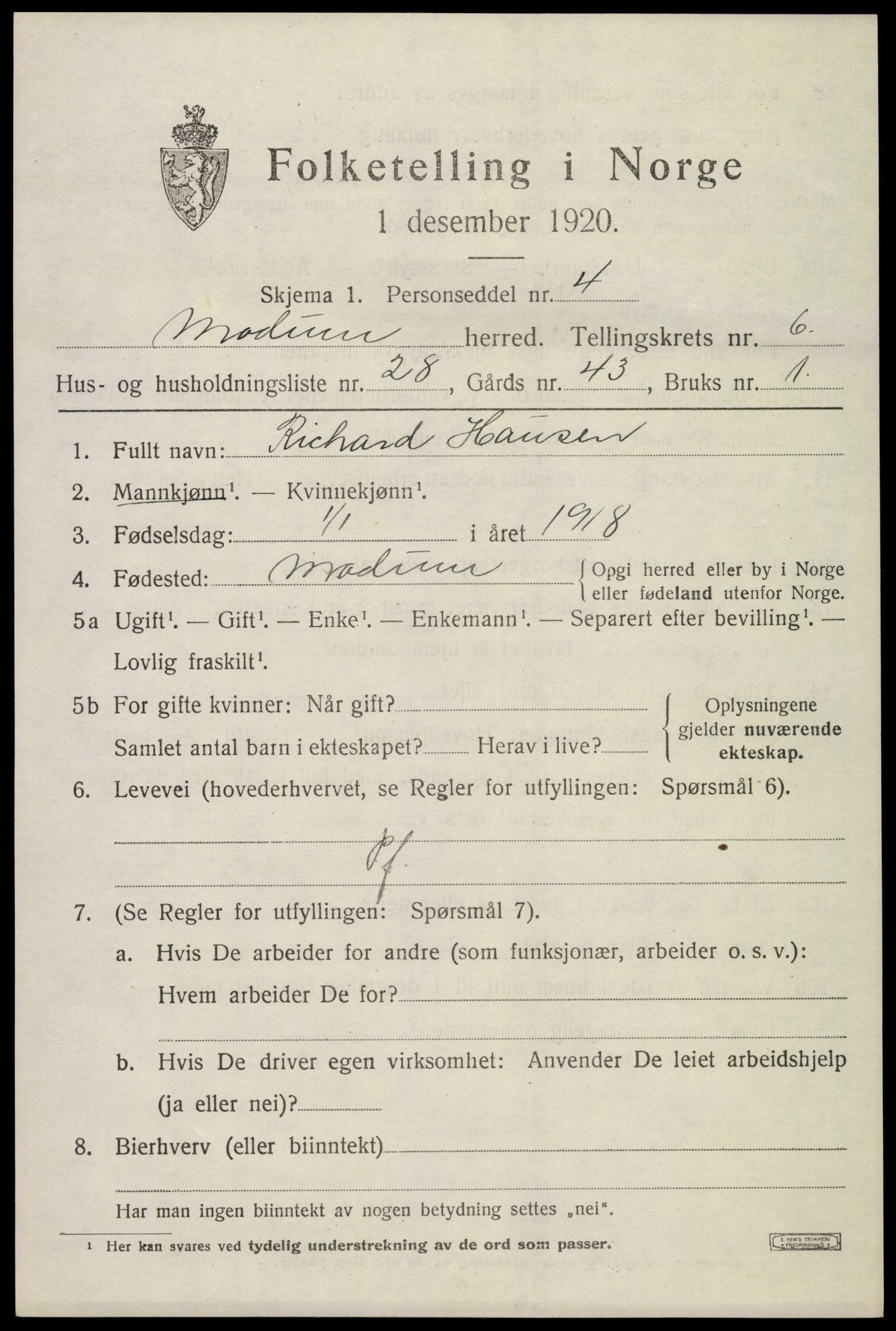 SAKO, 1920 census for Modum, 1920, p. 9027