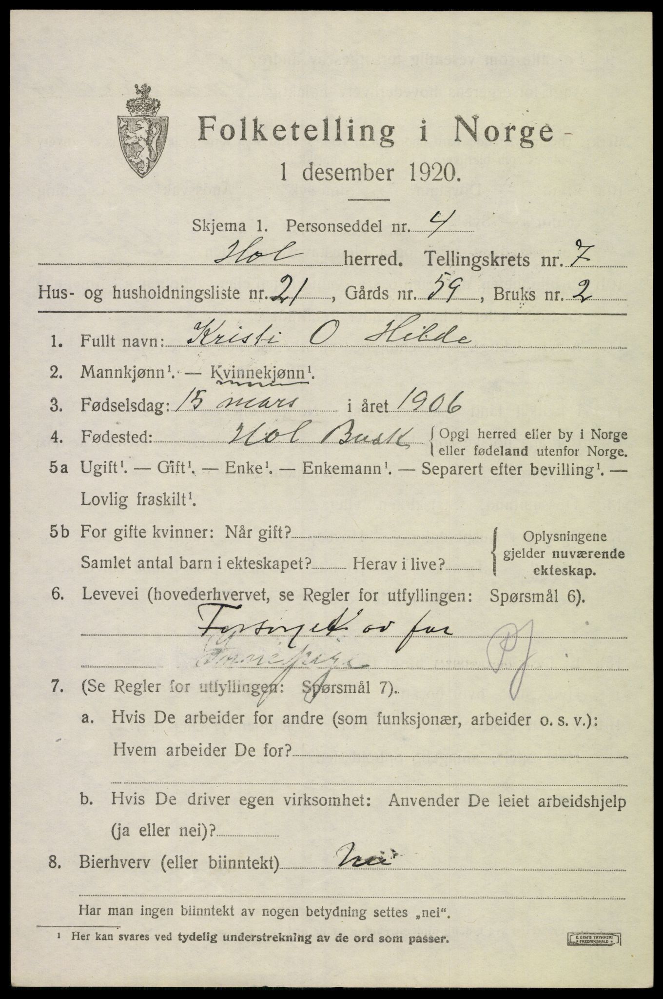 SAKO, 1920 census for Hol (Buskerud), 1920, p. 3775